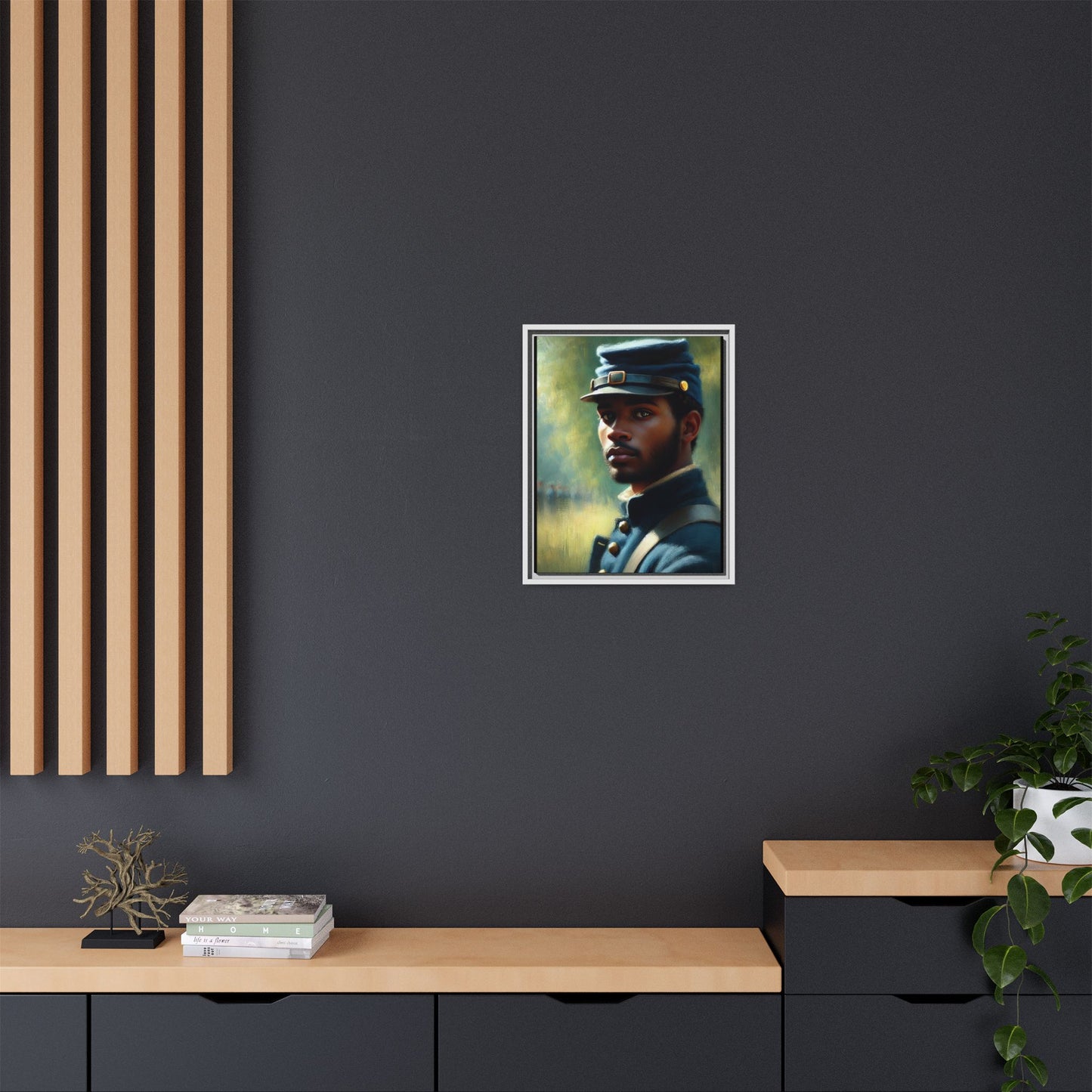 Portrait of an African American Civil War Union soldier in a kepi and navy wool coat, inspired by Walt Whitman’s Drum-Taps, honoring bravery, sacrifice, and resilience.