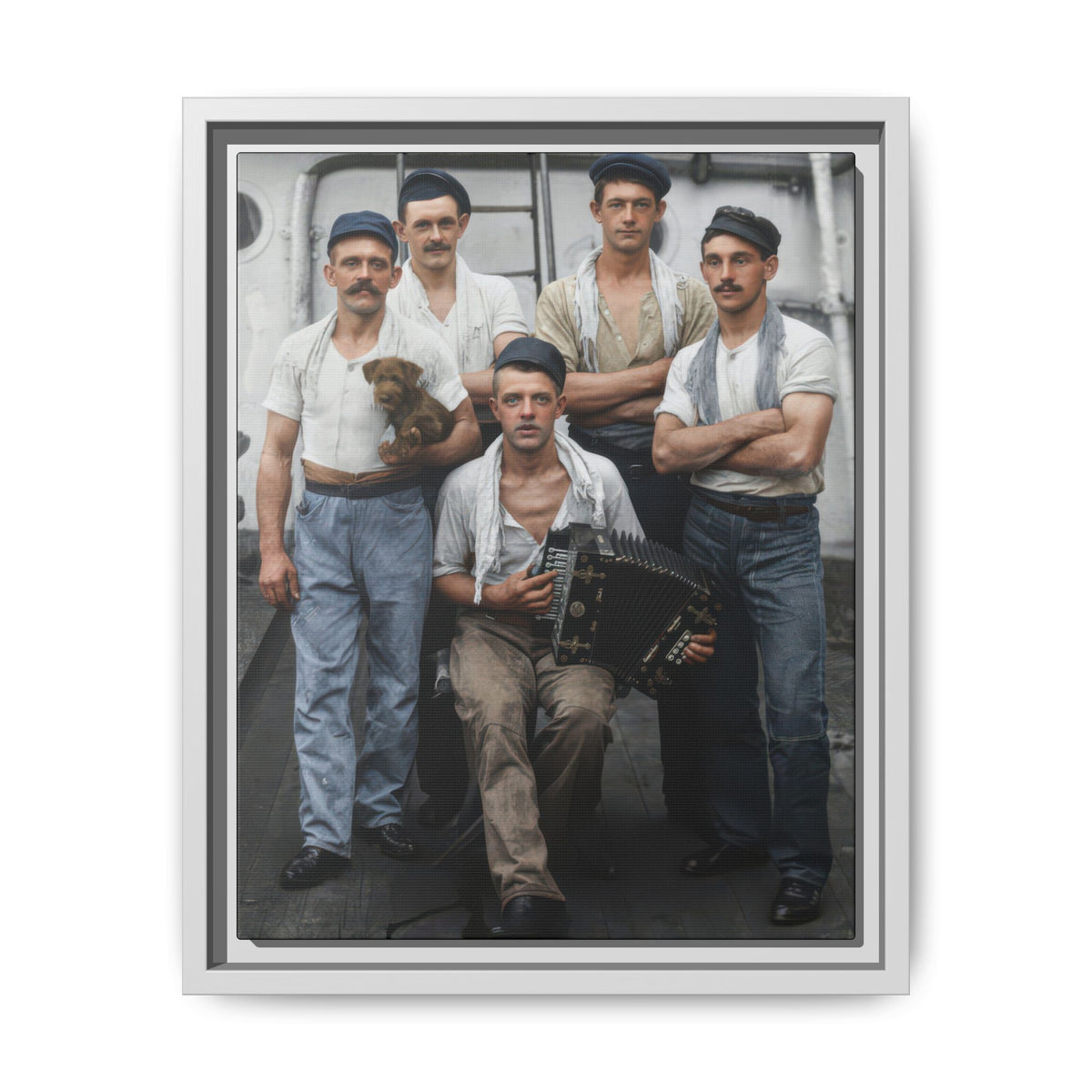 Hommes 002 image for framed matte canvas, showing a seated accordion holder surrounded by four standing men on a wooden deck.