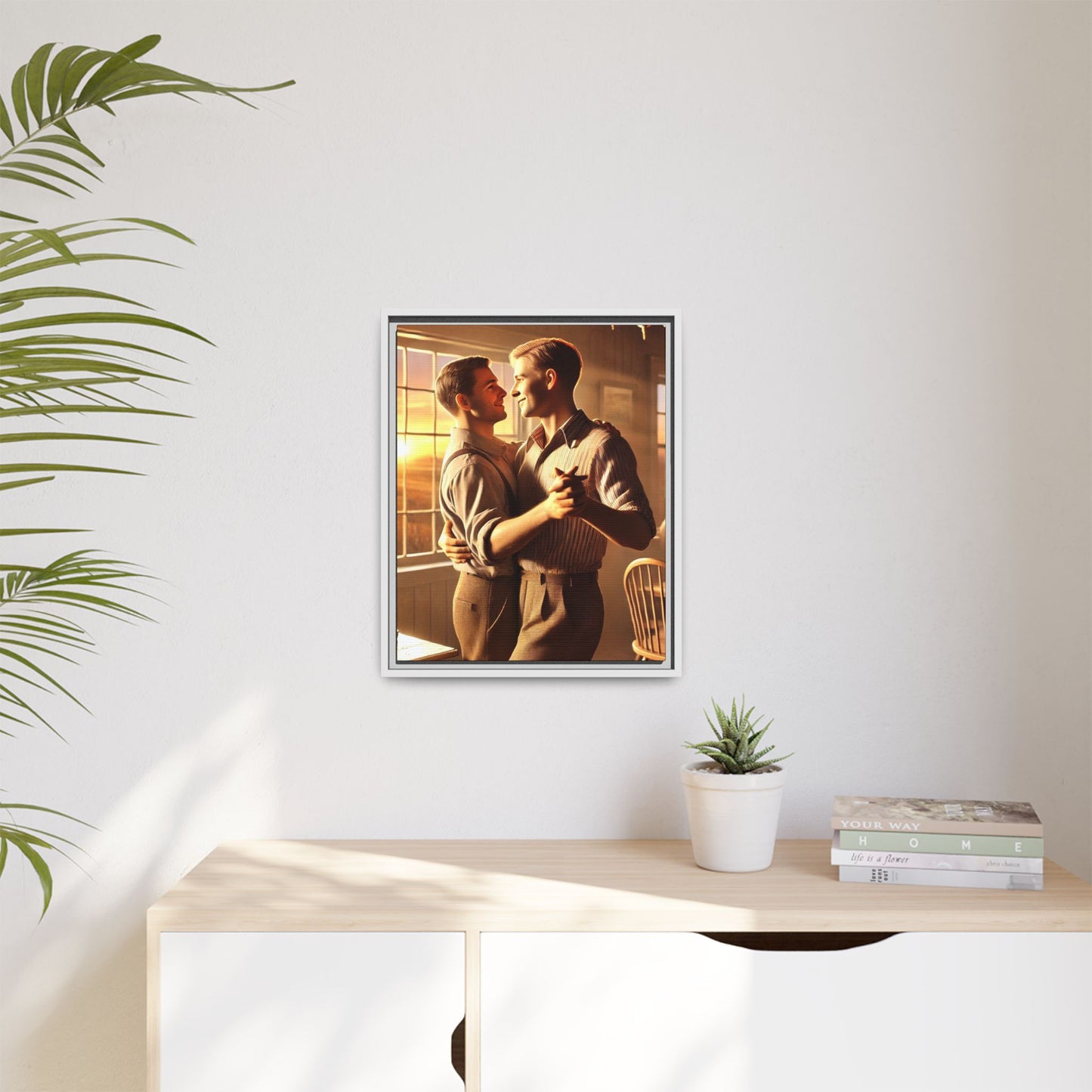 Art of a gay couple dancing in a sunlit dining room, inspired by Grant Wood’s Americana style and celebrating love.