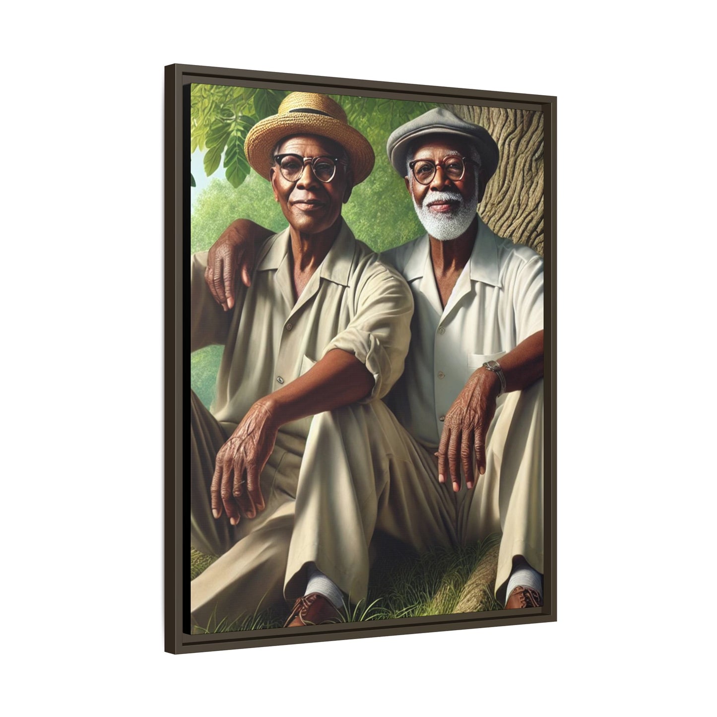 Framed artwork of a gay African-American couple in Cedar Rapids, Iowa, 1930s, celebrating love and resilience.