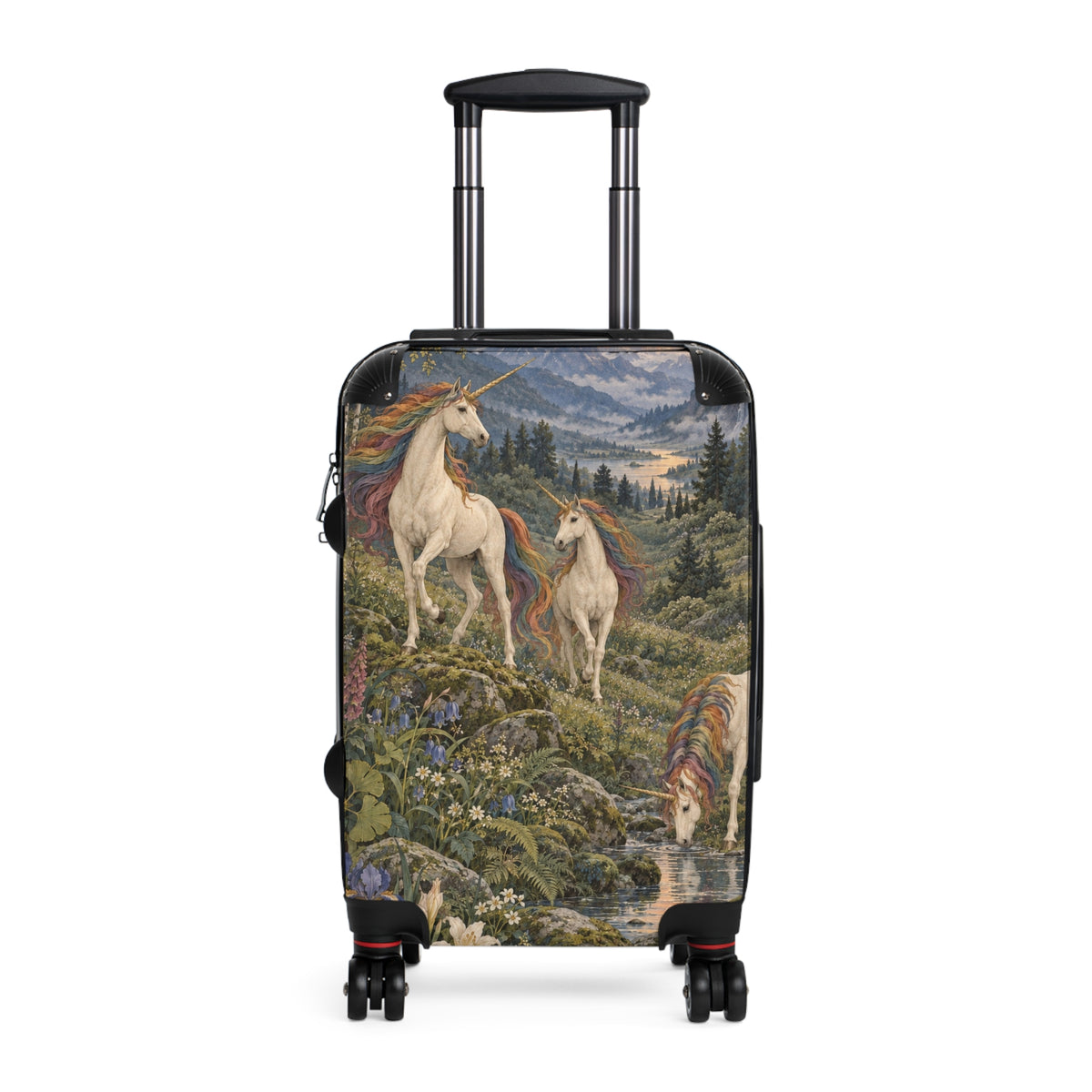 The Rainbow Vale carry-on suitcase featuring three ivory unicorns with muted rainbow manes in a wildflower-filled alpine landscape at sunrise.