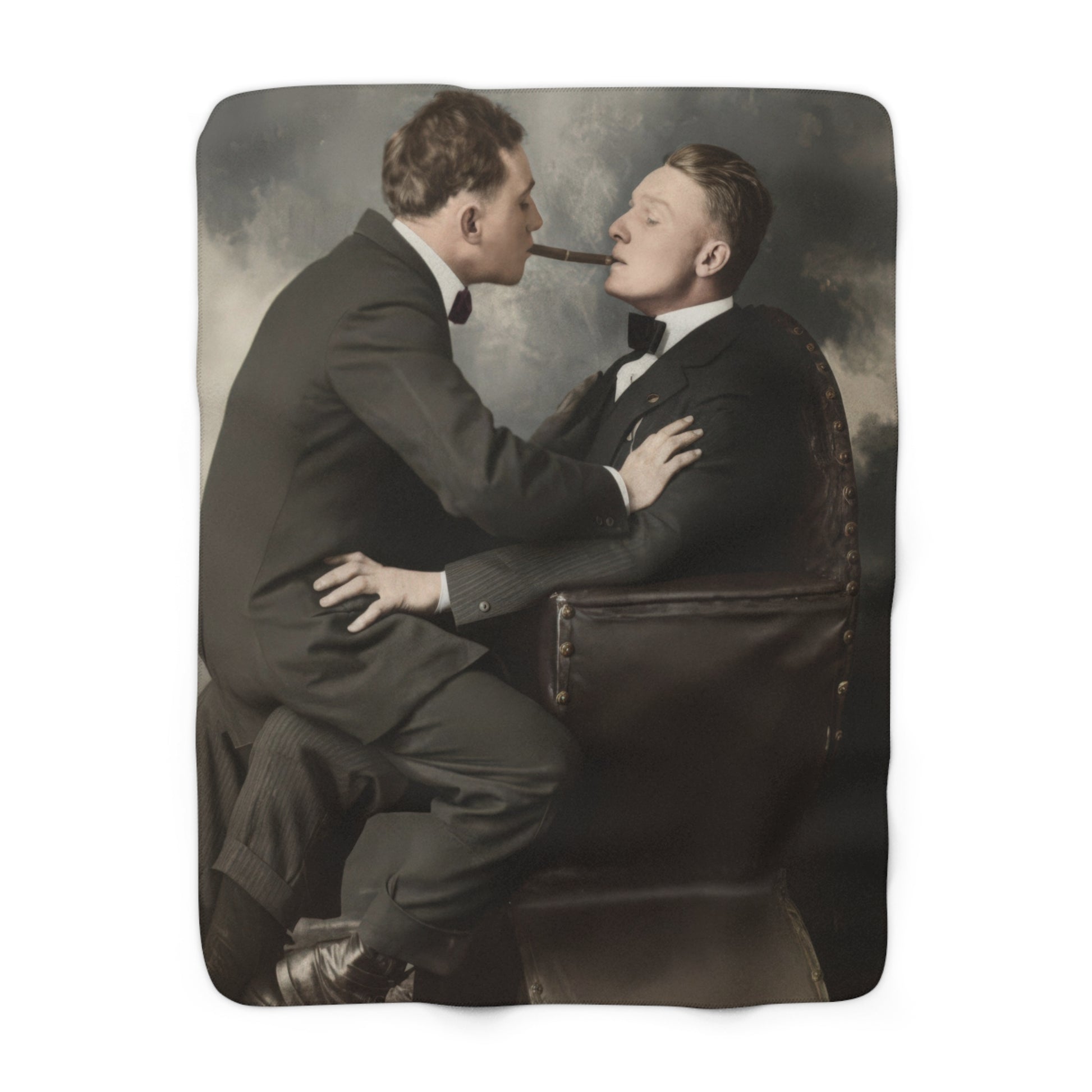 Heirloom sherpa blanket featuring two young men in a formal studio portrait with a cigar 