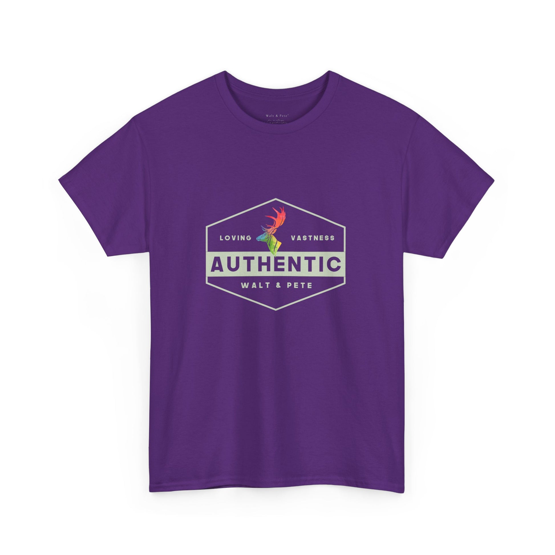 unisex LGBTQ+ t-shirt with a hexagonal badge design reading “Authentic” and “Loving & Vastness,” featuring a rainbow antler—symbolizing self-love, queer pride, and emotional depth.