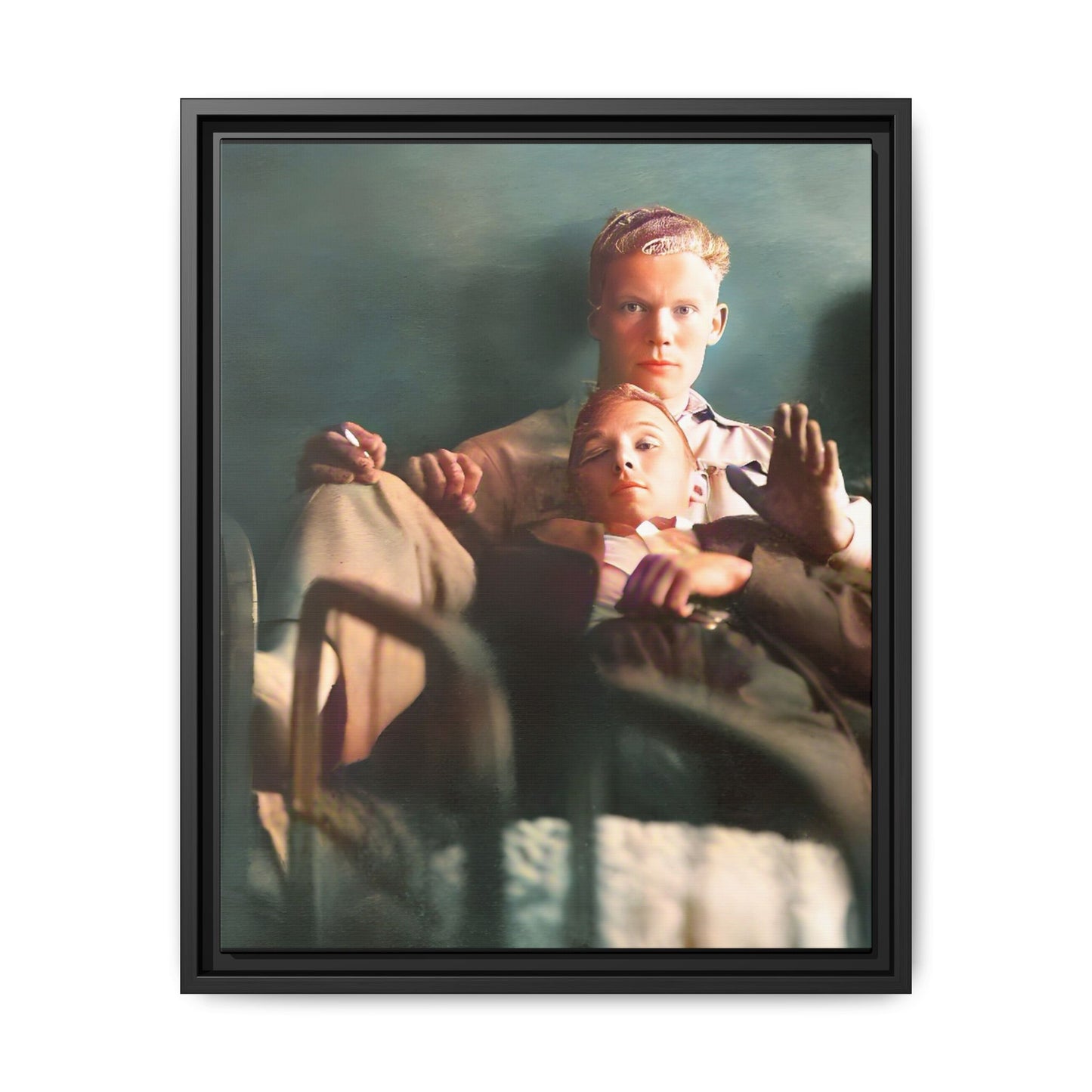 Vintage LGBTQ+ love portrait of Balfour & Strom in Mobile, Alabama. A restored historic photograph capturing timeless affection and connection, available as a museum-quality matte canvas print with handcrafted frame options. Gay Couple