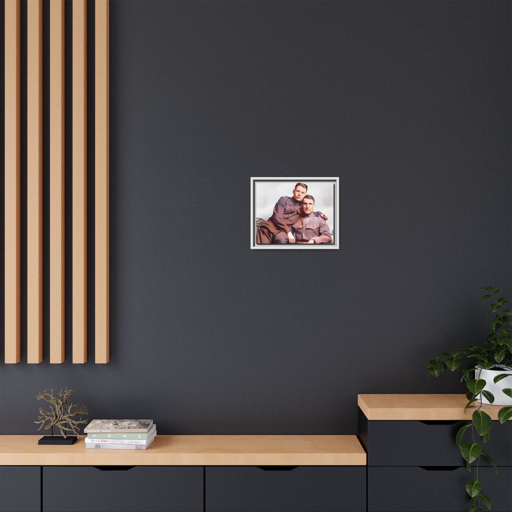 A restored WWII-era portrait of Charlie & Gordon at Debach Airfield, UK. This framed matte canvas captures military camaraderie, resilience, and historical connection, making it a timeless tribute for vintage and aviation collectors. Gay Couple