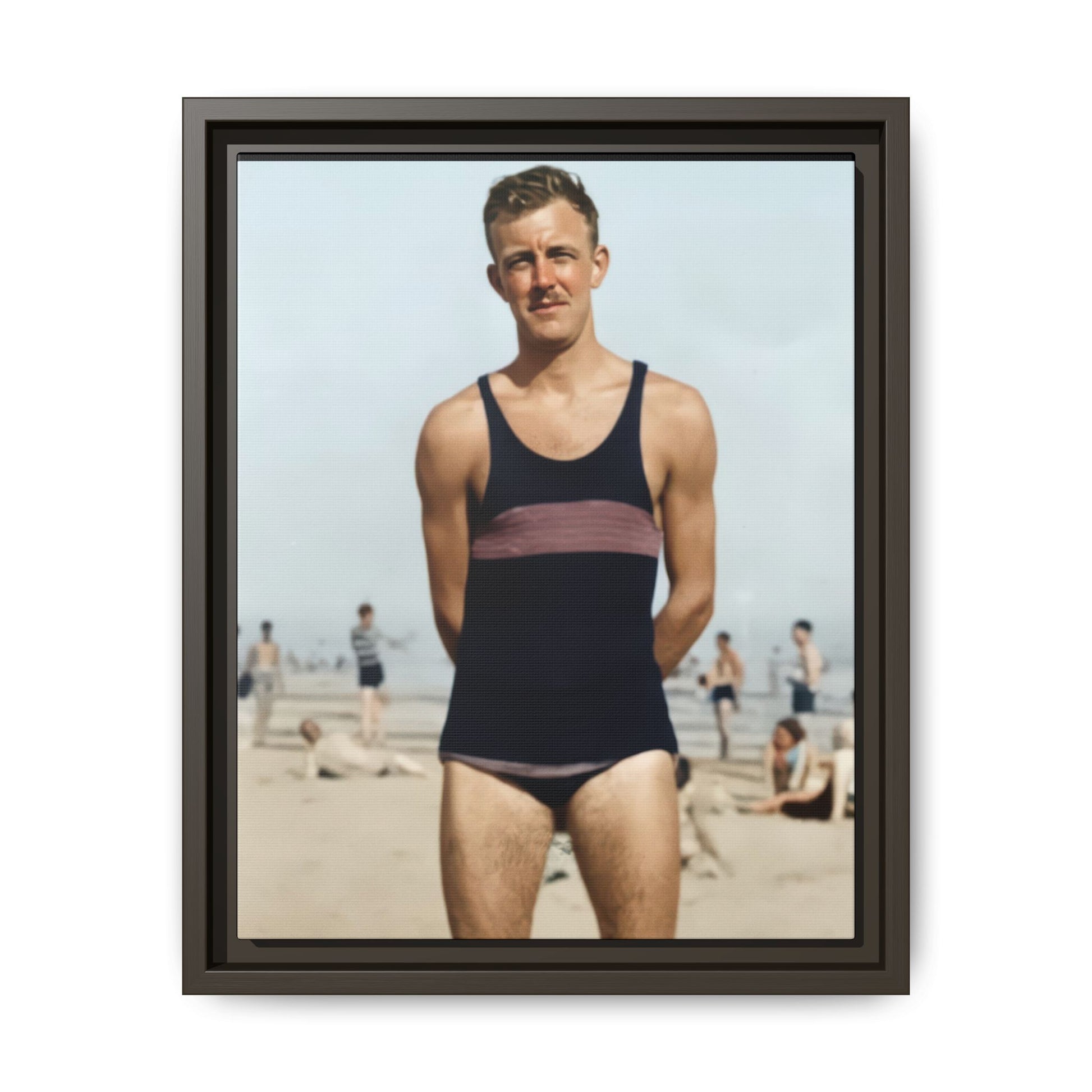 Historical beach portrait with one-piece bathing suit and blurred beachgoers 