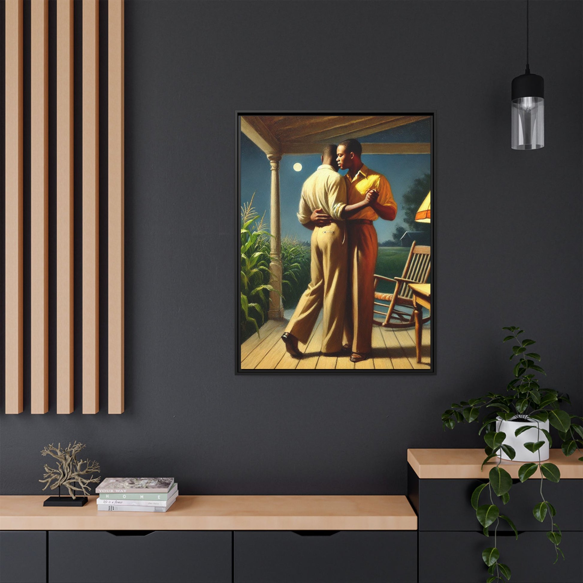 Artwork of an African-American gay couple dancing on a porch under the moonlight, inspired by Grant Wood’s style.