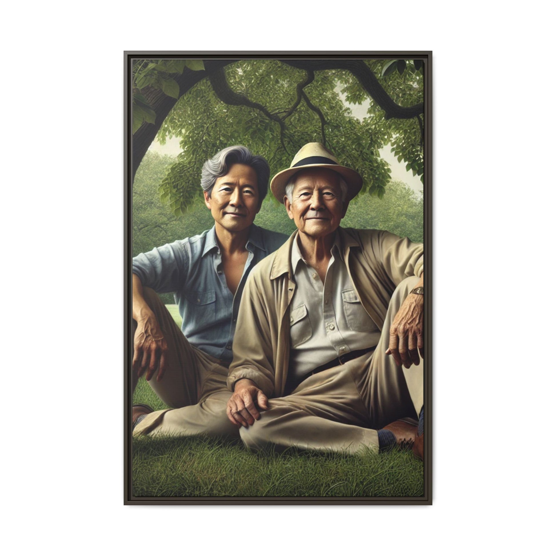 Hyper-realistic painting of an elderly Asian-American gay couple in 1930s attire under a leafy tree, celebrating love and resilience.