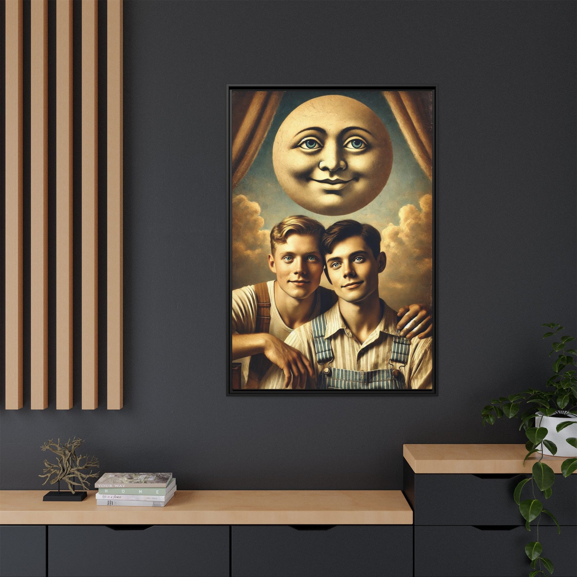 Framed matte canvas portrait featuring two young men in vintage overalls with a crescent moon prop above them. This artwork from the Missing Art Studies series reclaims LGBTQ+ imagery that may have been lost to bias, presenting warmth, intimacy, and presence.