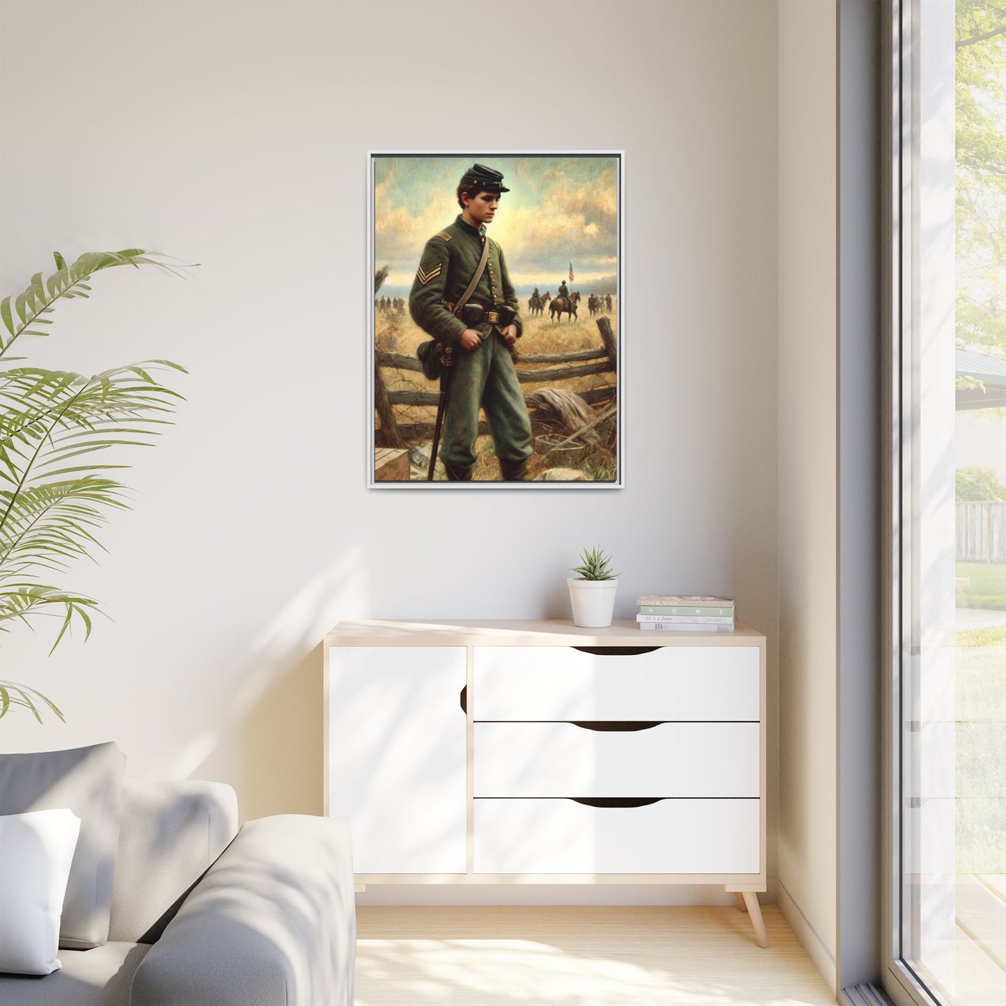 Framed artwork of a young Civil War Union soldier inspired by Walt Whitman’s Drum-Taps poems and Grant Wood's style, depicting battlefield sacrifice, humanity, and historical charm.