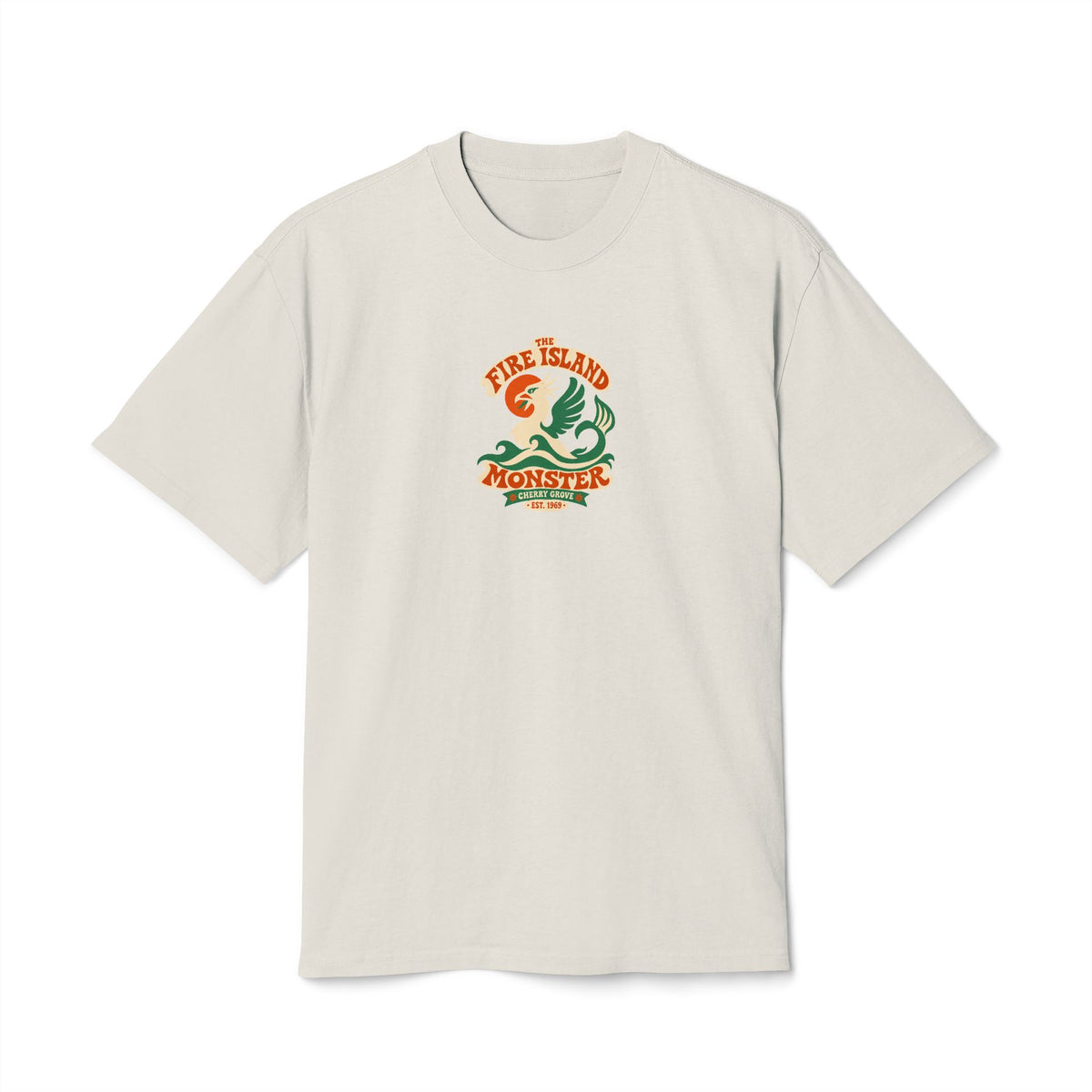 Back of the Fire Island Monster T-shirt featuring Green Lips lettering, a curved piano keyboard, cocktail glass and Fire Island waves