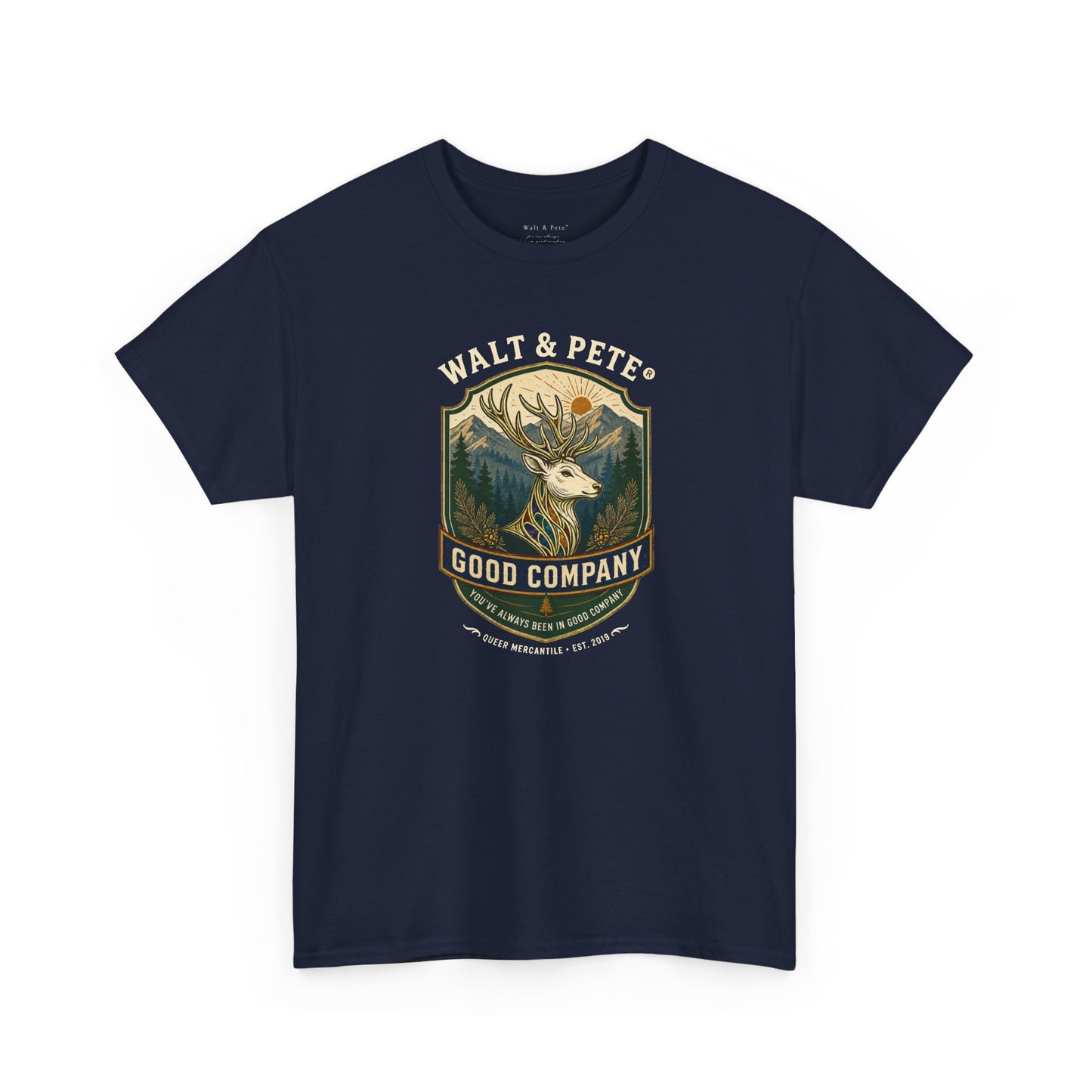 Two-sided queer Pride heritage shirt with stag, mountains, forest, winding trail, and compass