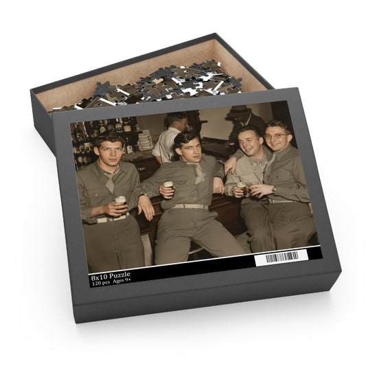 Four Men at the Bar jigsaw puzzle featuring khaki shirts, pale foam, round spectacles, and bottle shelves.”