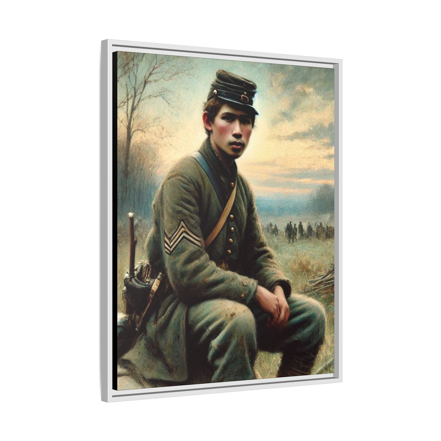 Framed artwork of a Civil War Union soldier inspired by Walt Whitman’s Leaves of Grass and Drum-Taps, depicting themes of sacrifice, strength, and vulnerability amidst a 19th-century battlefield.