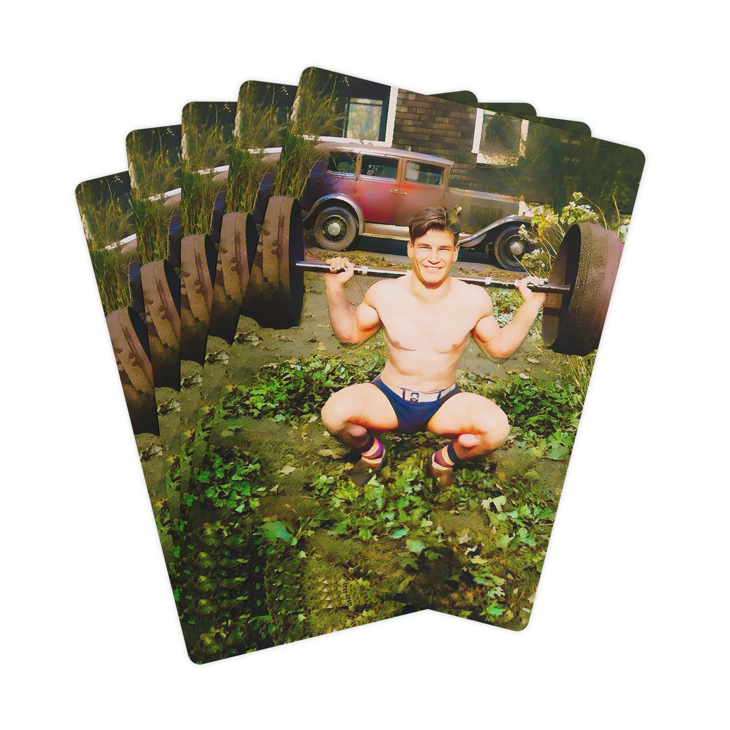 A vibrant vintage photo of a shirtless man squatting with a barbell in a lush, rustic backyard. Behind him sits a 1928 Model A Ford, parked in front of a charming home, creating a nostalgic, timeless scene.