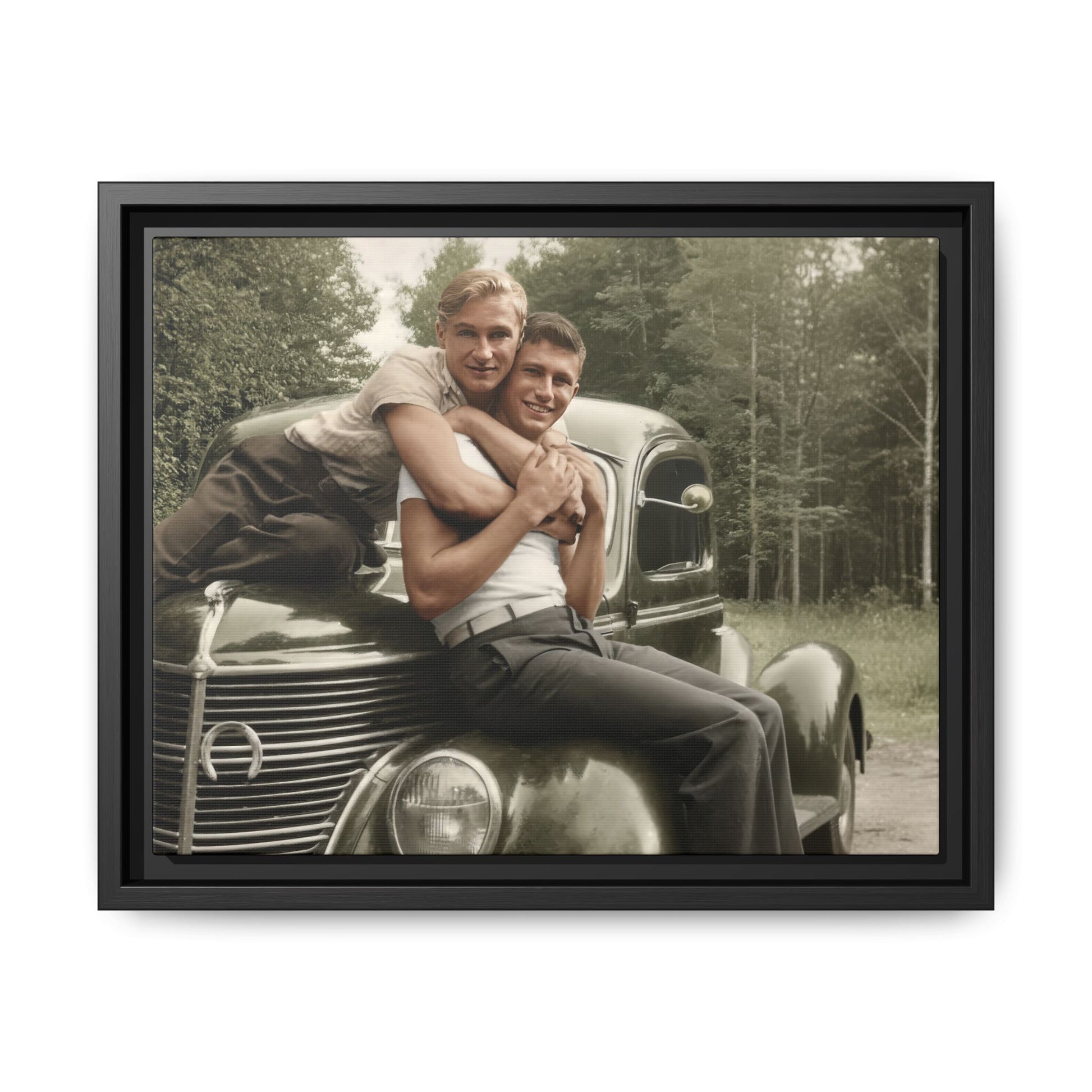 vintage photograph two men sitting on classic automobile hood