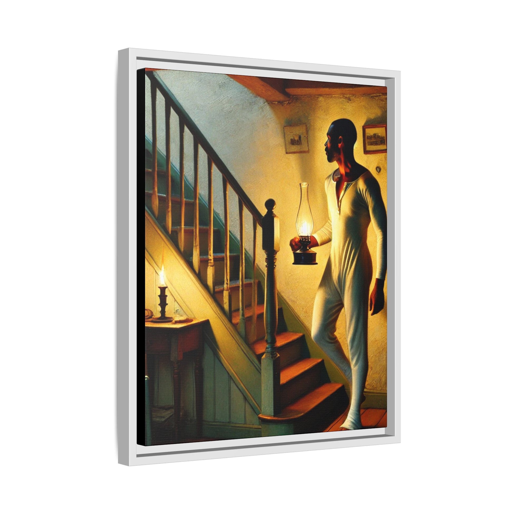 Framed artwork of an African-American man holding a lantern on a staircase, inspired by Grant Wood's style.