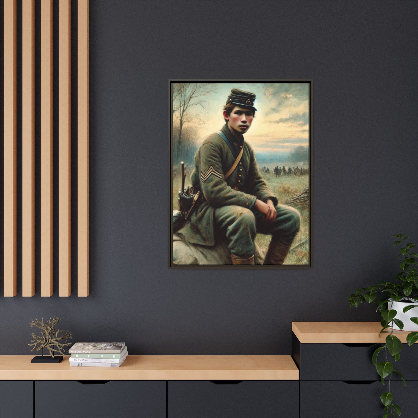 Framed artwork of a Civil War Union soldier inspired by Walt Whitman’s Leaves of Grass and Drum-Taps, depicting themes of sacrifice, strength, and vulnerability amidst a 19th-century battlefield.