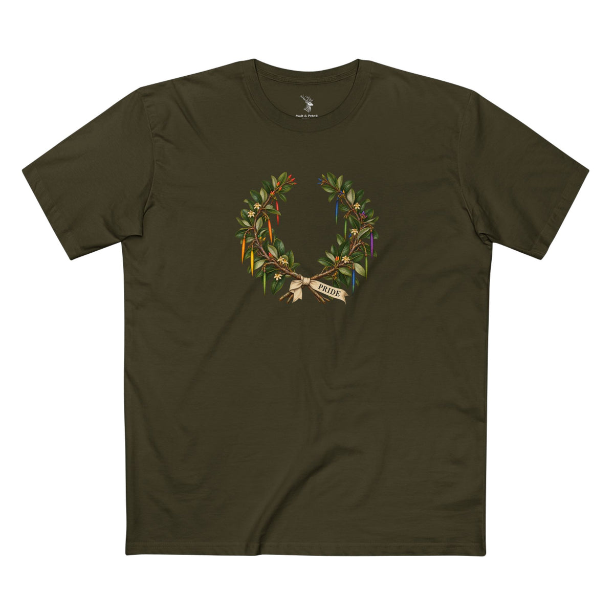 Front view of a T-shirt featuring a Liberian mangrove Pride wreath with rainbow propagules and an ivory PRIDE ribbon.