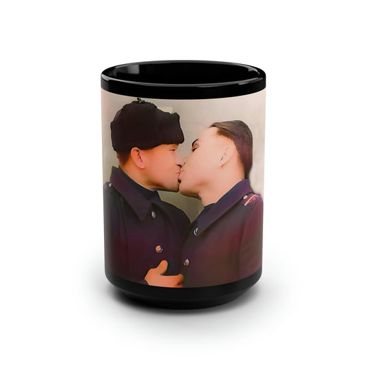 paire 004 | Black Mug, 15oz Vintage Soviet Gay Couple Kiss Russian LGBTQ Queer History Gift Soldiers
