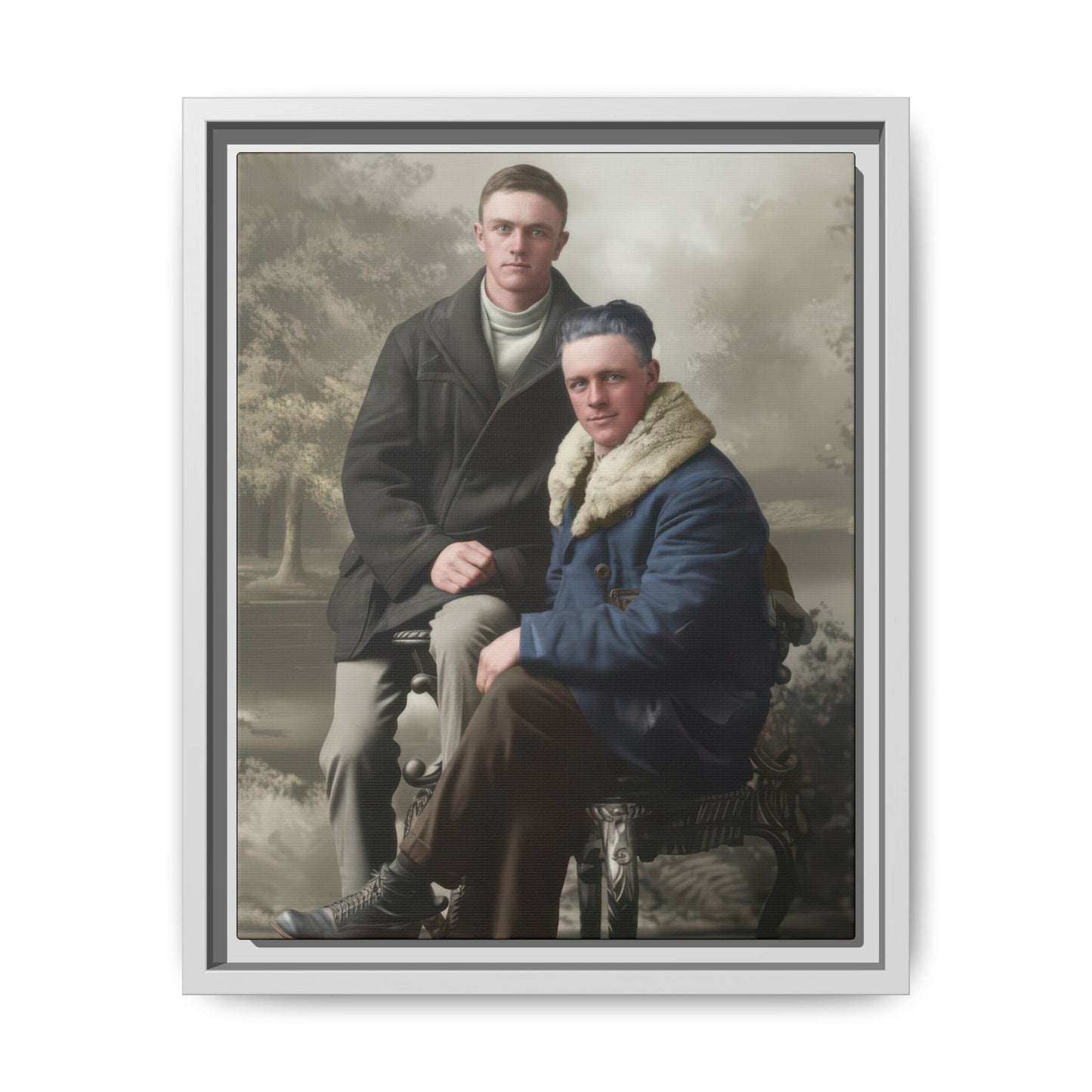 Early 20th century style paired portrait with two figures seated on a decorative bench in a studio landscape setting