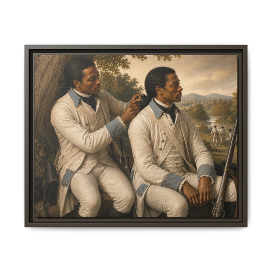 Museum-inspired portrait of two Black French Expédition Particulière soldiers beneath a tree with one tying the other’s queue during the American Revolution.