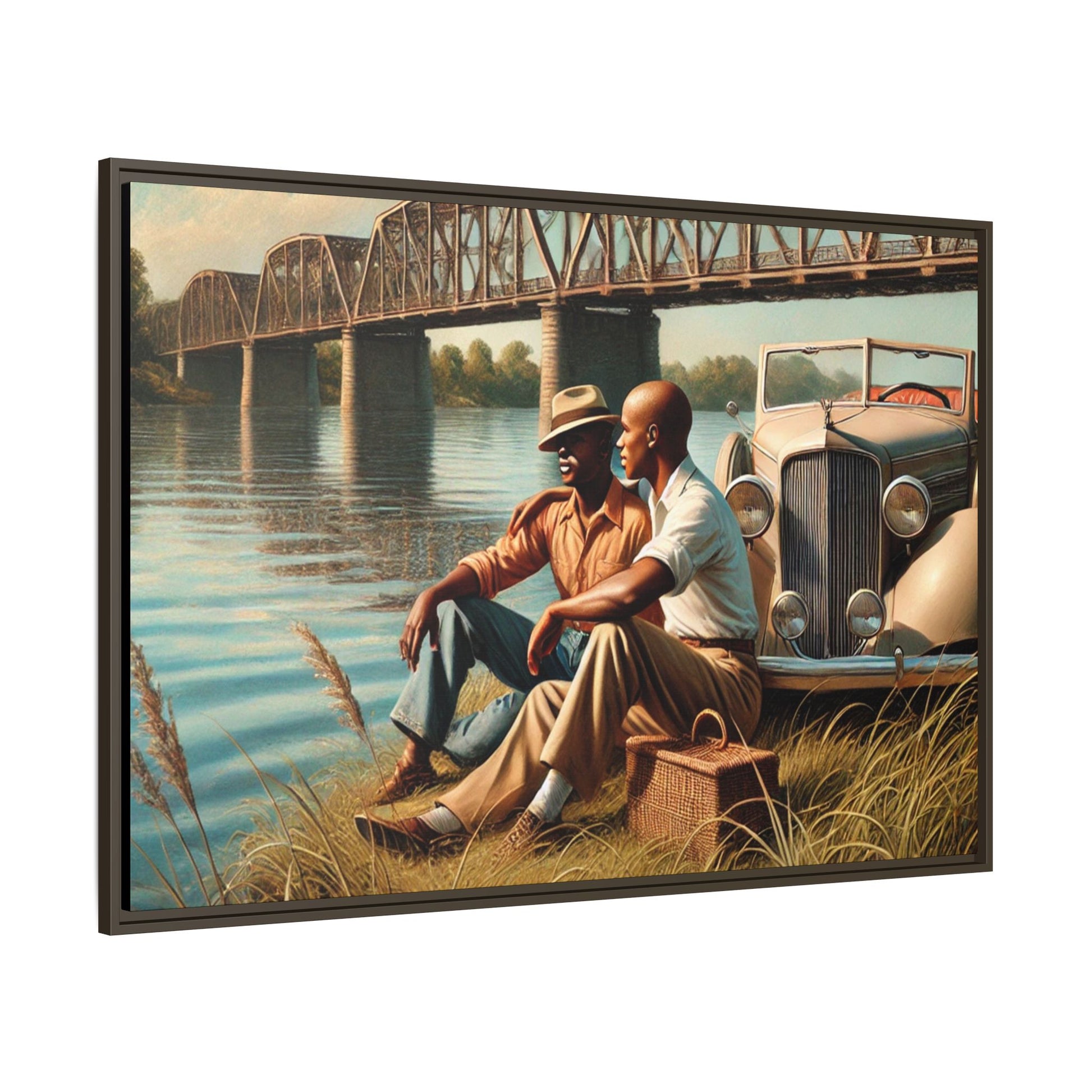 Vintage-style painting of an African-American gay couple in the 1930s by the Mississippi River with a Packard car, celebrating love and resilience.