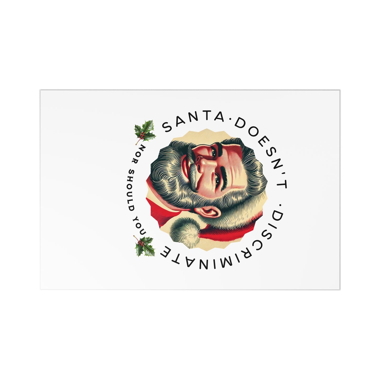 Vintage-inspired postcards featuring a 1950s Santa Claus with the message 'Santa Doesn't Discriminate, Nor Should You.