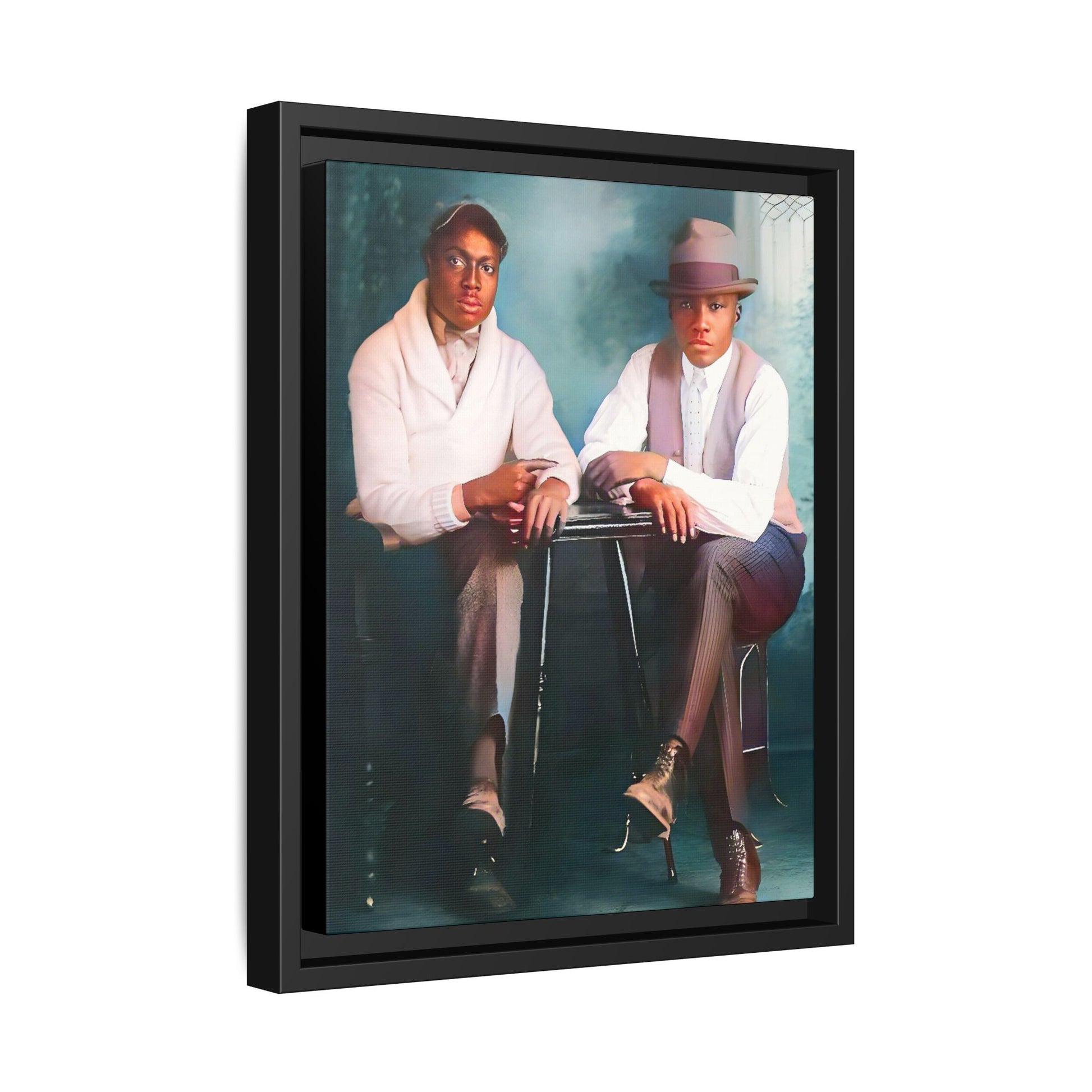 Restored vintage 1930s photo of Denzel & Jacob, African-American couple seated at a café in Little Rock AR, framed canvas art.