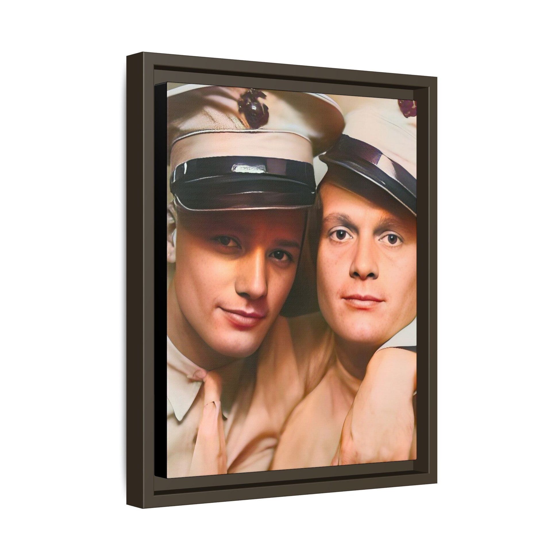 Restored vintage photograph of Paul and Ralph, an early 20th-century LGBTQ+ military couple from Camp Atterbury, Indiana. Framed matte canvas print celebrating love, courage, and LGBTQ+ history.