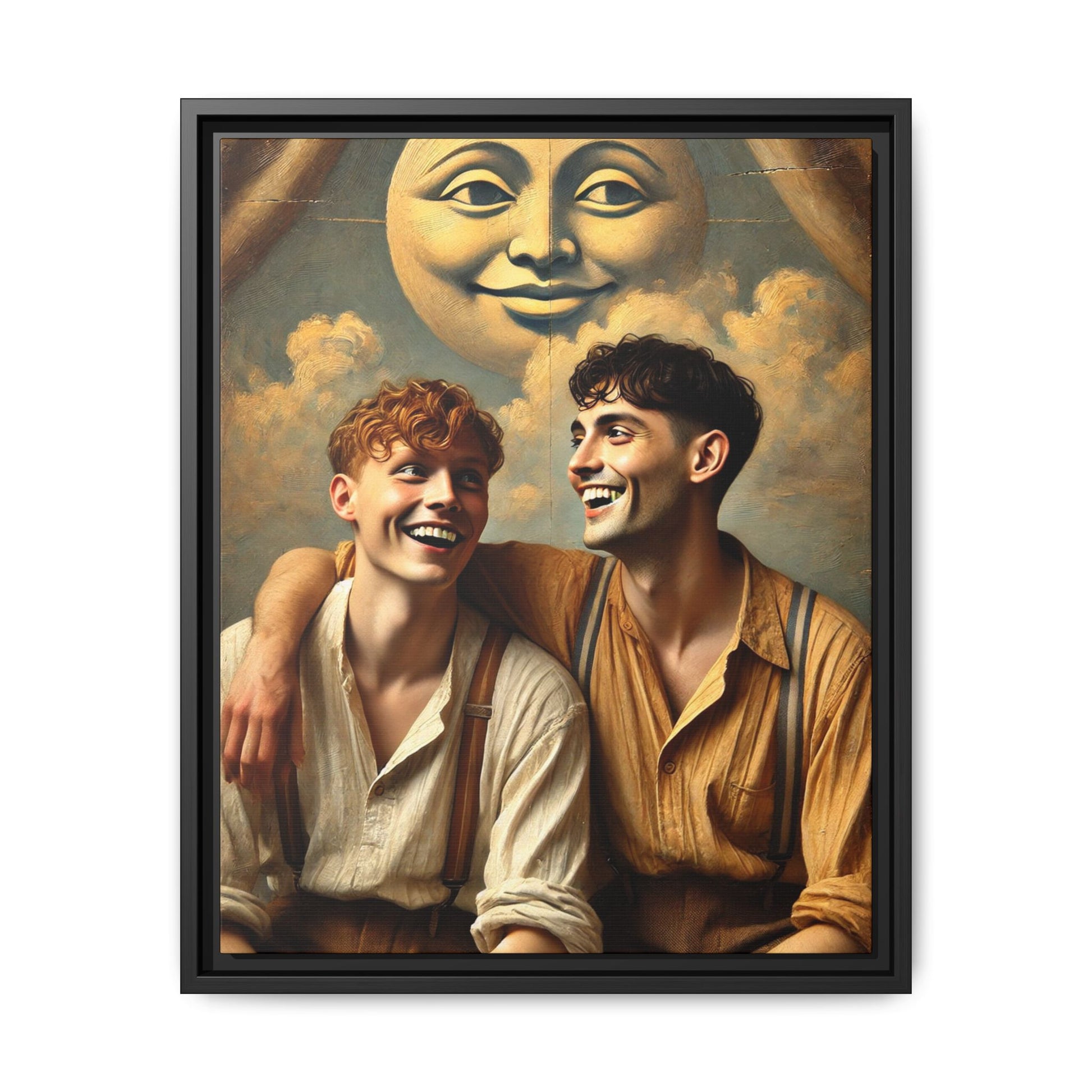Queer artwork of two joyful young men dressed in vintage clothing with rolled sleeves and suspenders, laughing under a large moon prop in a dreamy studio scene. A celebration of love and resilience reclaimed from forgotten queer histories.