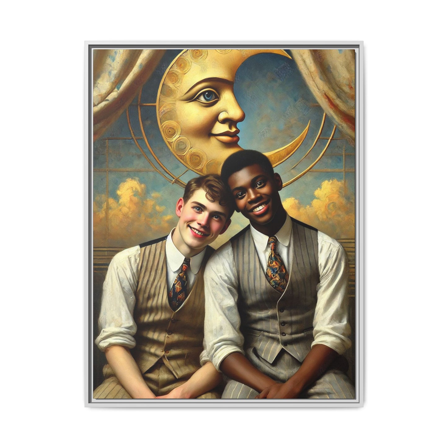 A vintage-style artwork showing a young interracial gay couple in 1920s attire sitting beneath a golden crescent moon with a serene expression. Their joyful closeness reclaims erased queer history and reflects the beauty of interracial love through a lens of tenderness and celebration.