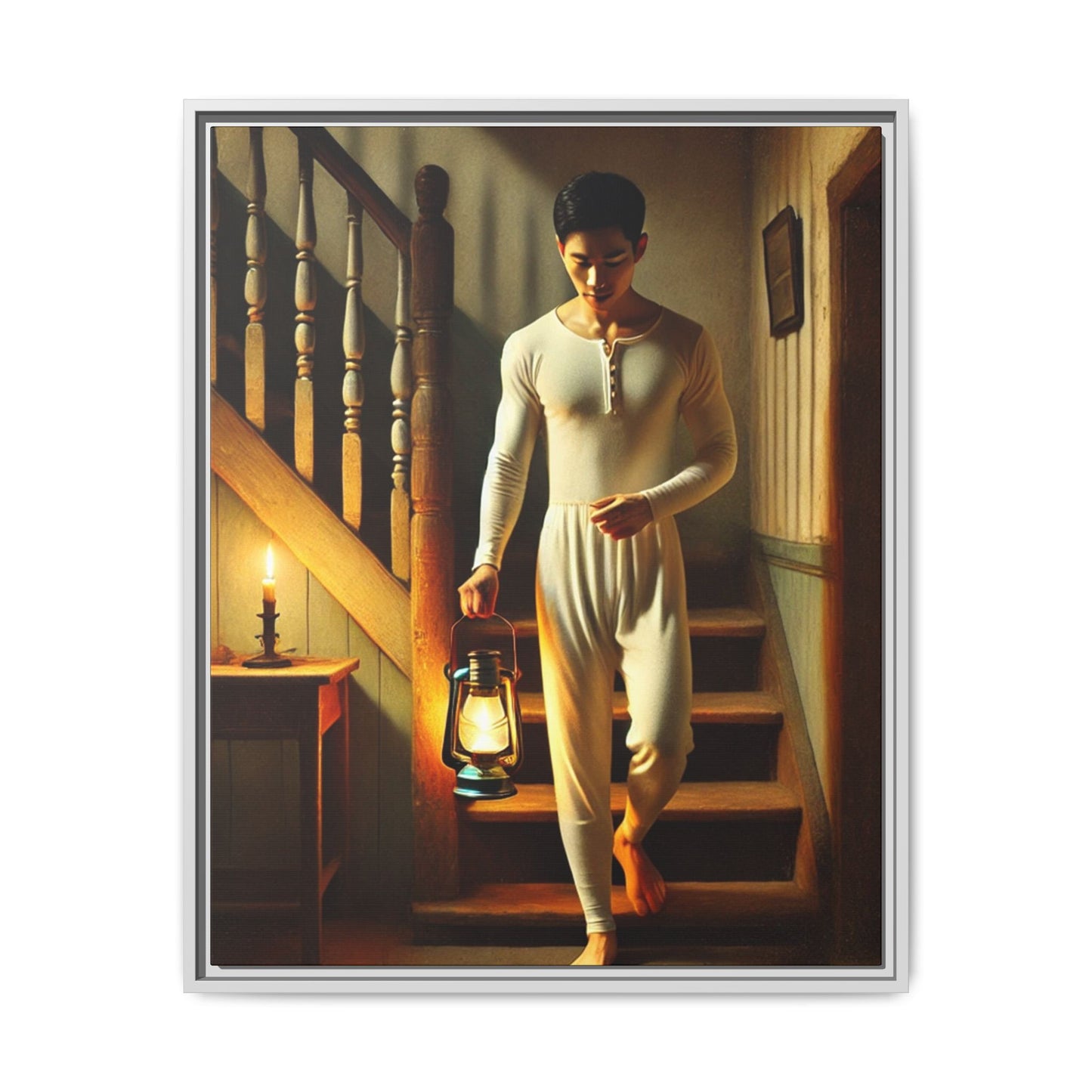 Framed artwork of an Asian-American man wearing long johns underwear holding a lantern on a staircase, inspired by Grant Wood’s style.