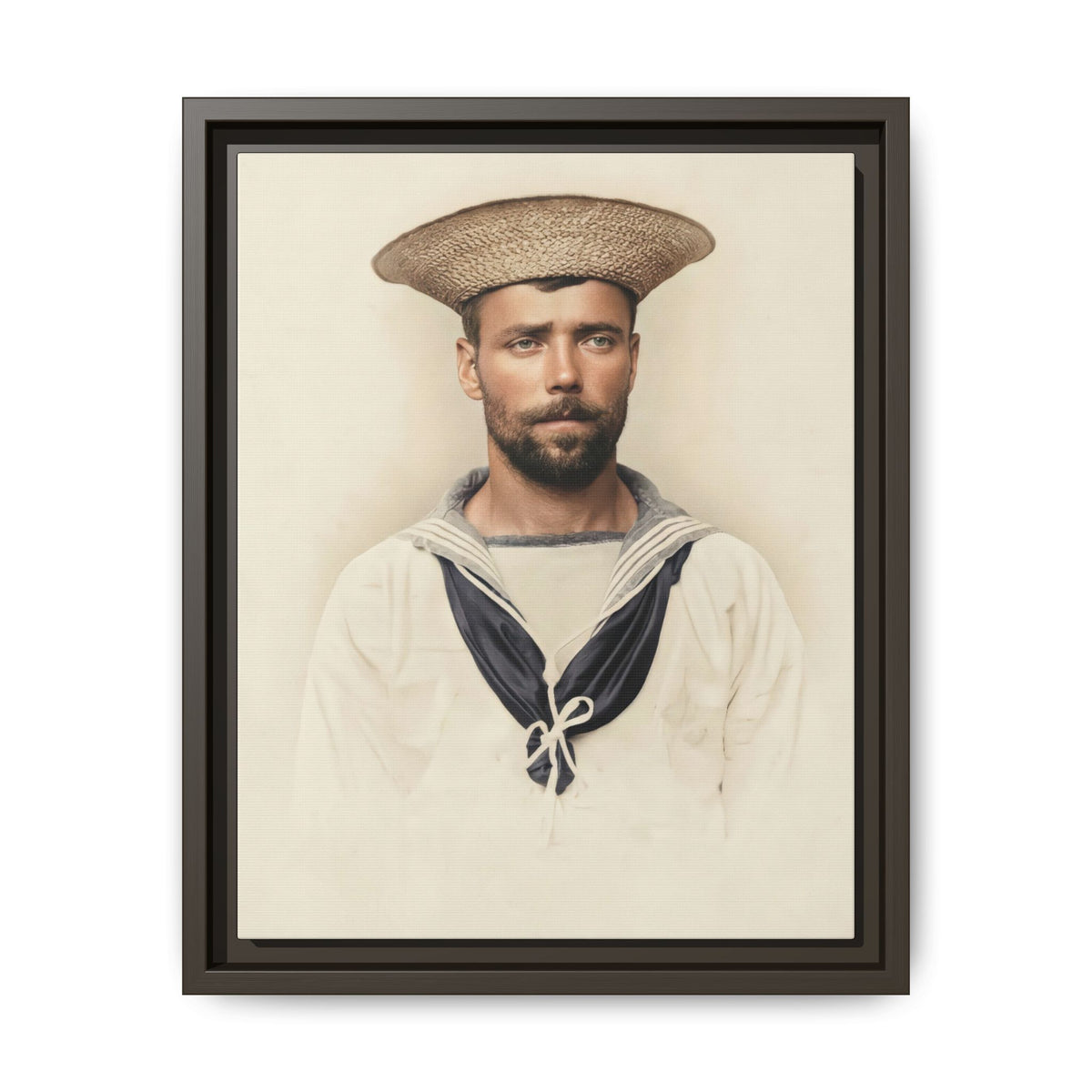 Sailor portrait featuring a striped collar, dark neckwear, and a white cord or lanyard arranged across the chest.