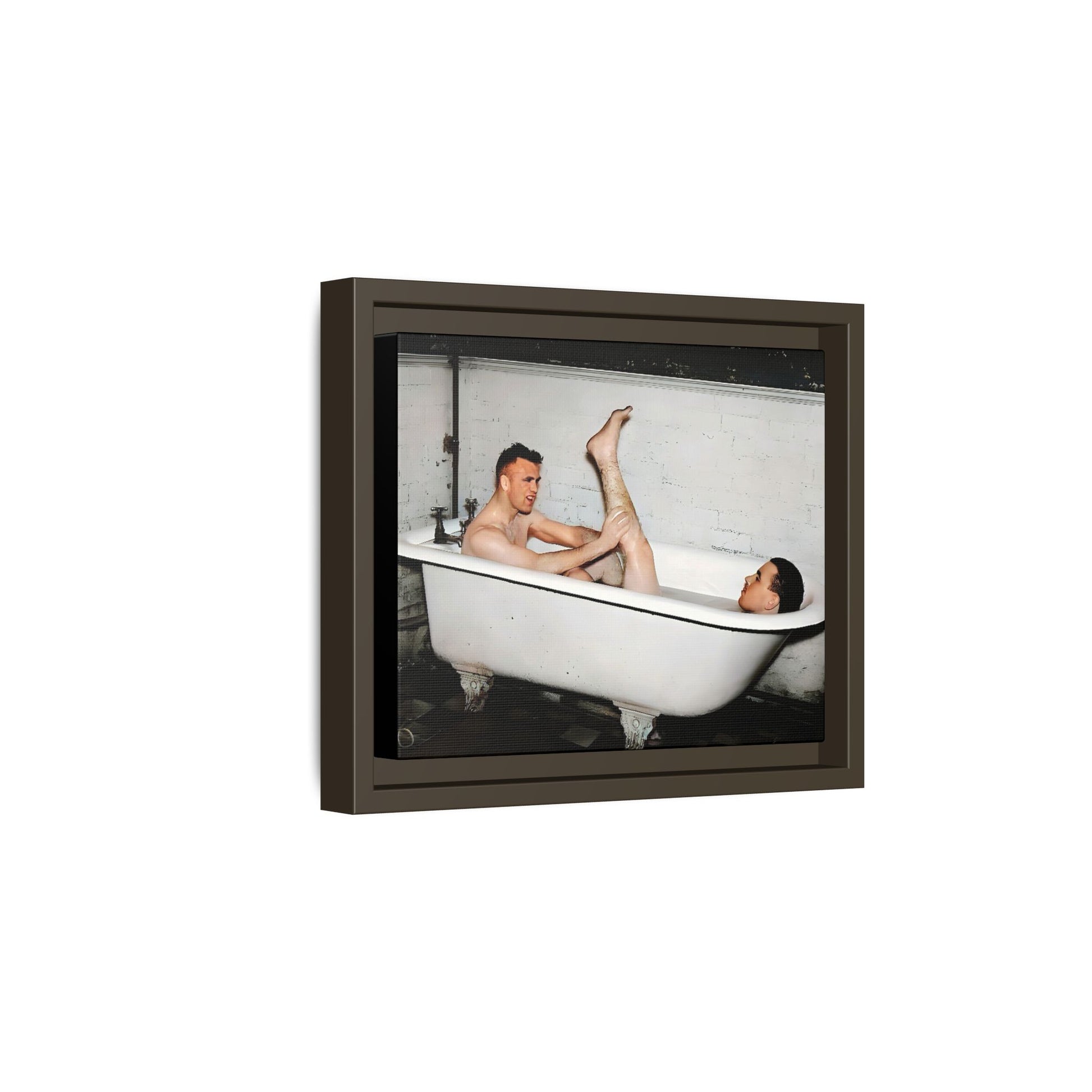 Restored vintage photo of Leon & Michael, a playful gay couple in a clawfoot bathtub, early 20th century, framed canvas.