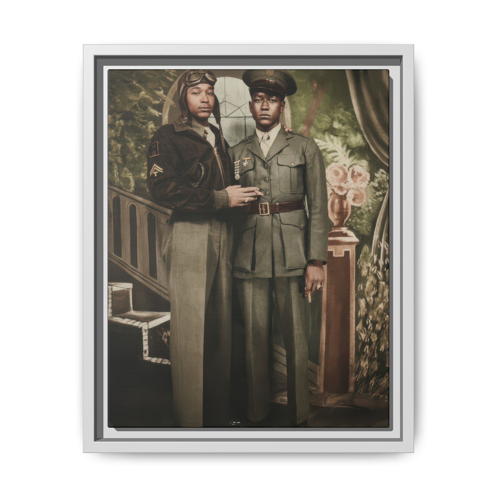Historical portrait of two Black men in military dress with floral painted background