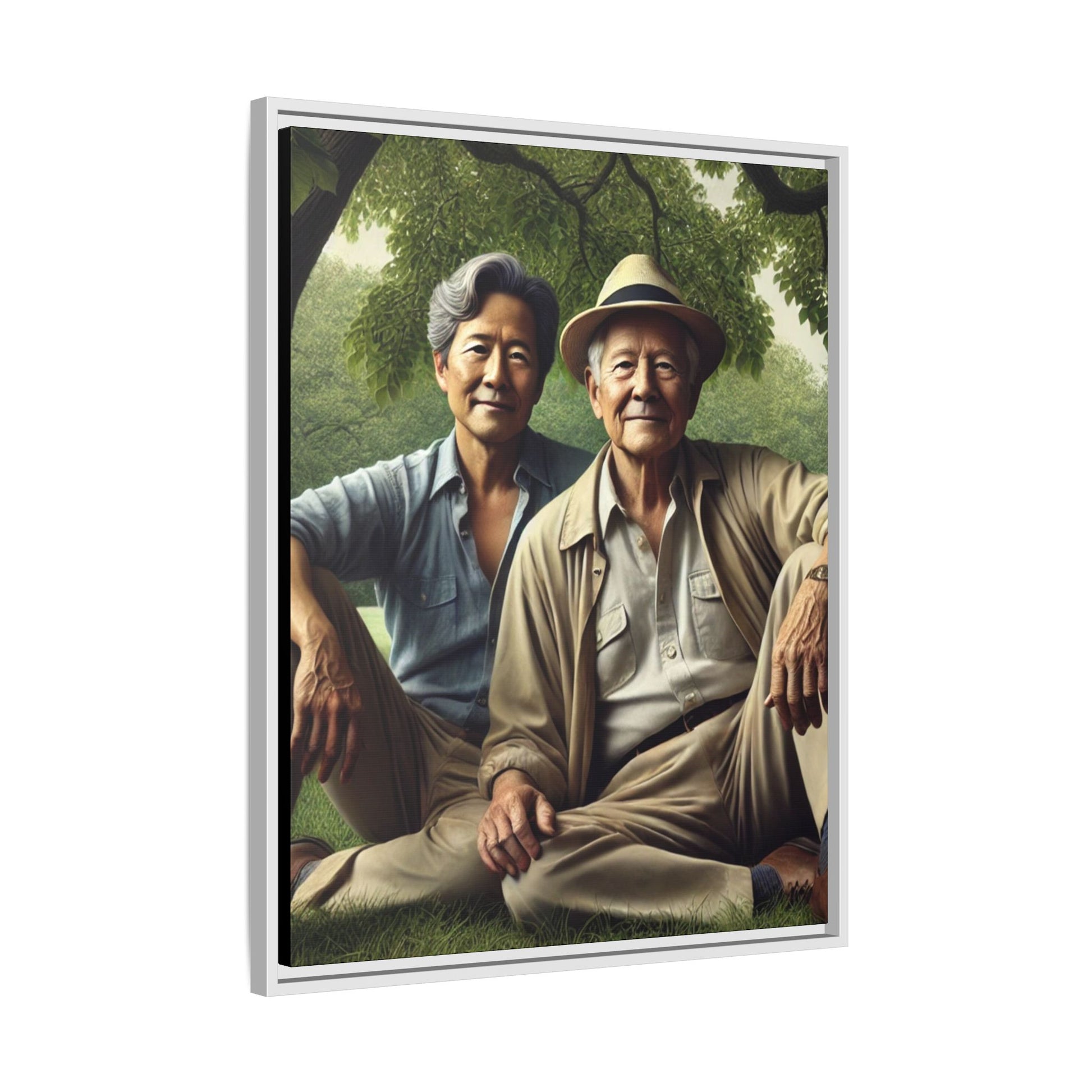 Hyper-realistic painting of an elderly Asian-American gay couple in 1930s attire under a leafy tree, celebrating love and resilience.