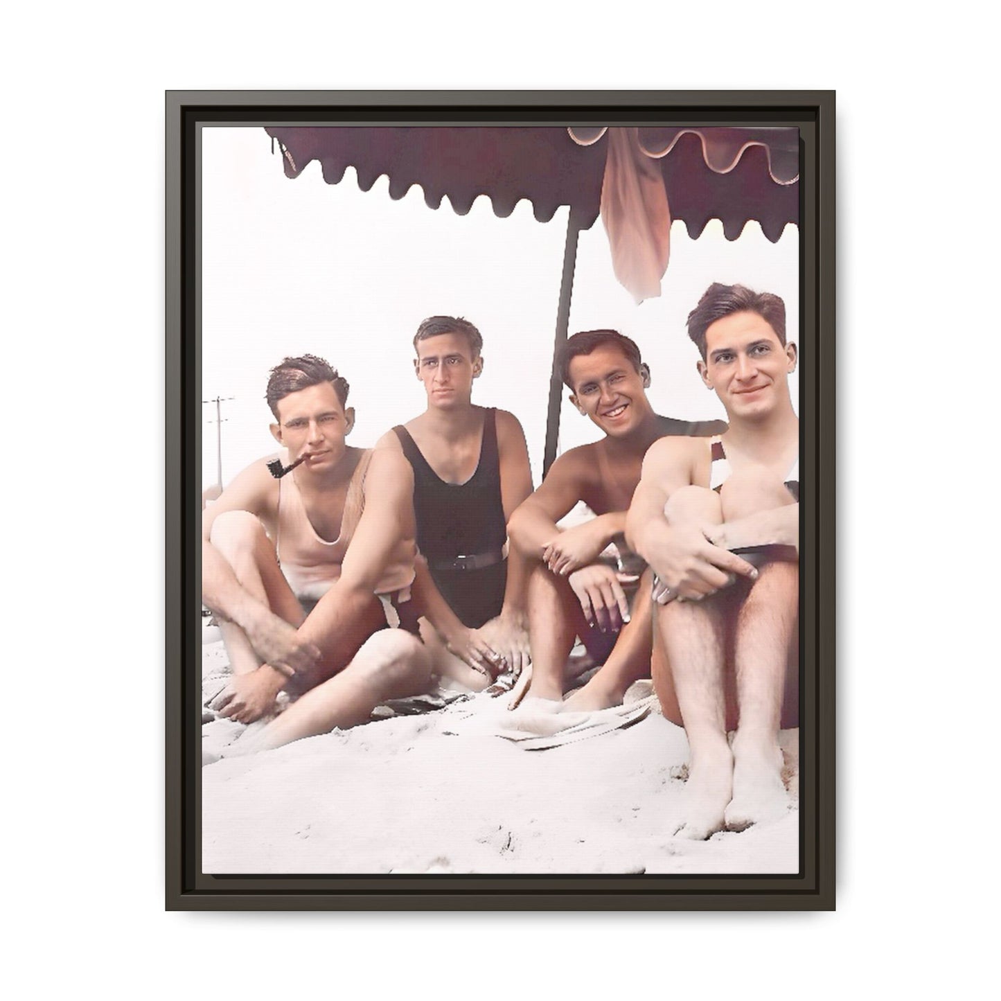 Restored vintage 1920s photograph of men enjoying a sunny beach day in Asbury Park, New Jersey, under a striped canopy. Framed matte canvas print celebrating LGBTQ+ history, joy, and camaraderie