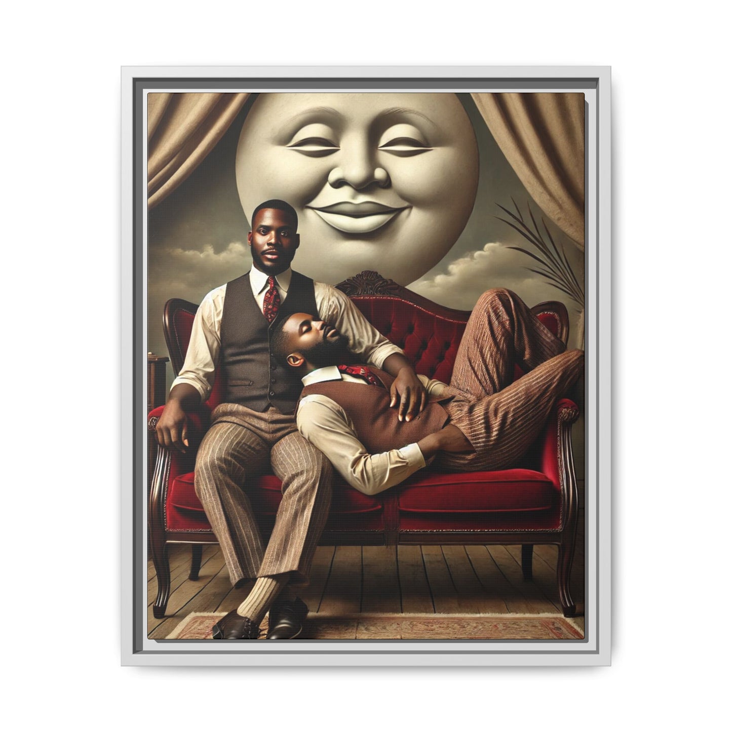 Vintage-style artwork of two Black men in 1920s clothing sitting and reclining together on a red velvet couch beneath a smiling full moon. The scene reclaims queer Black history and affection once lost to bias and invisibility.