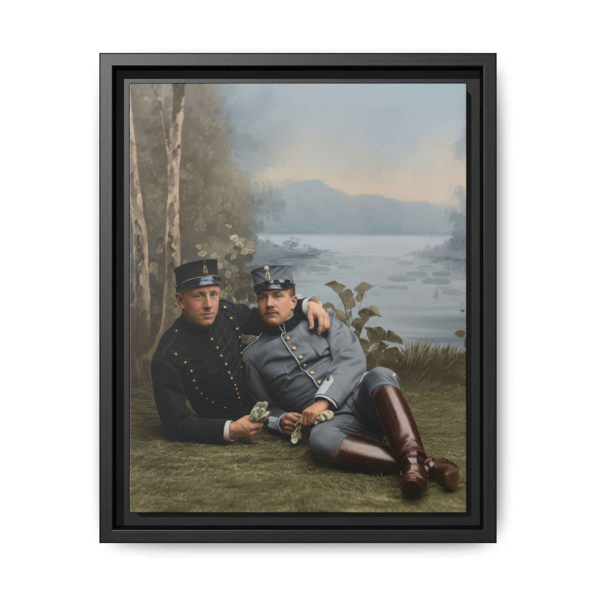 Vintage photograph of two companions in military-style uniforms reclining by a lakeside backdrop