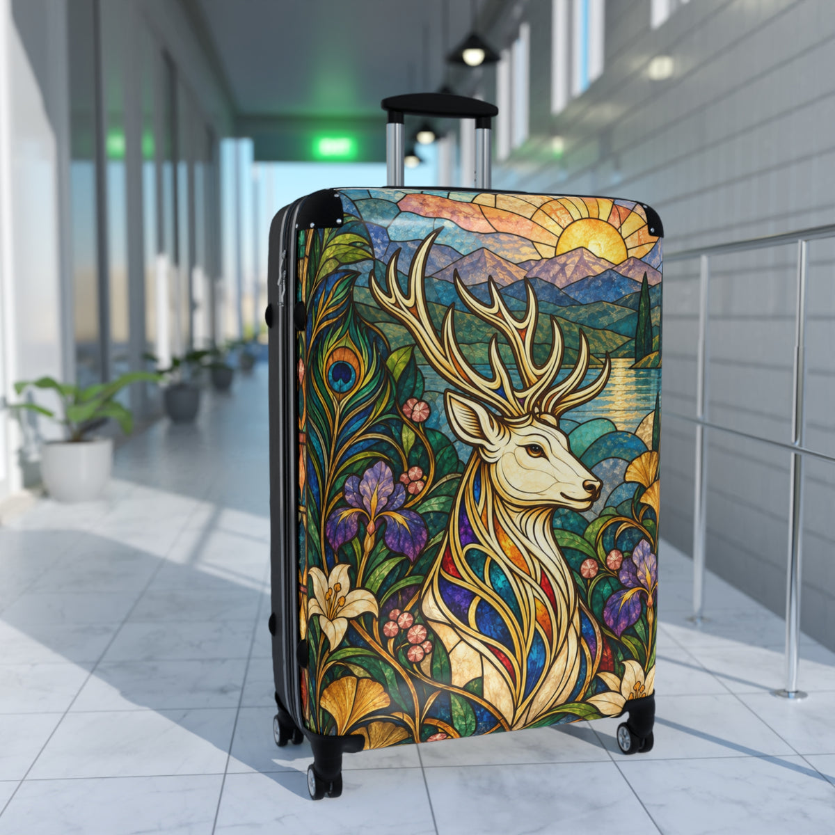 The Jeweled Sentinel Stained Glass Stag Suitcase | Aesthetic Movement Luggage