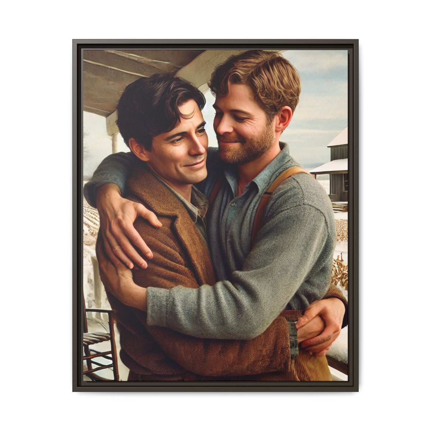 Artwork of a tender moment between two men embracing on a rustic farm porch in 1930s-style clothing. Set against a snowy, vintage rural backdrop, this image captures LGBTQ+ love and connection with a nostalgic Americana feel