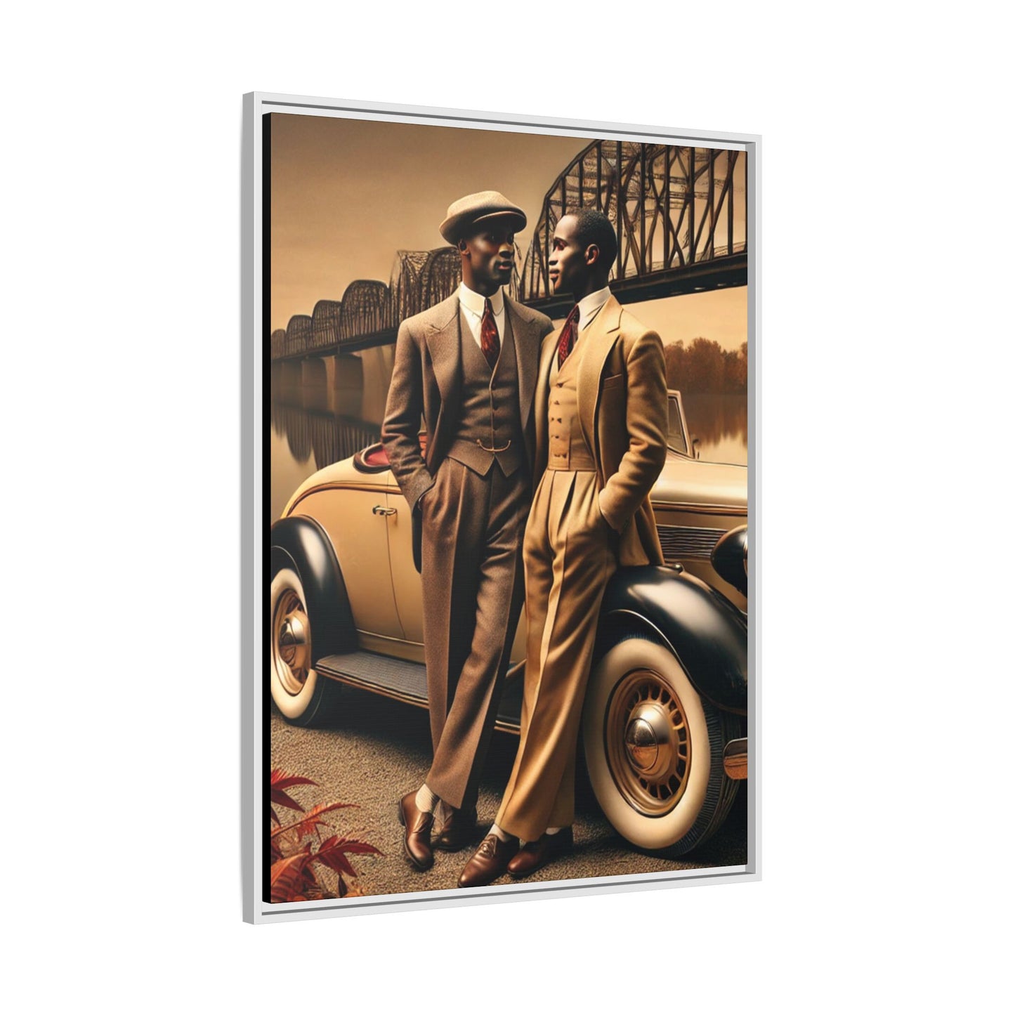 Vintage-style artwork of an African-American gay couple in the 1930s by the Mississippi River with a Packard car, celebrating love and resilience.