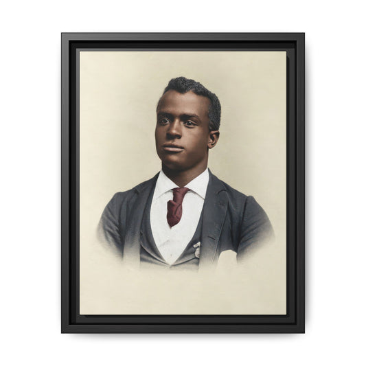 Restored, colorized portrait of a Black man in a dark jacket and waistcoat, light shirt, and muted red-brown tie against a pale background.