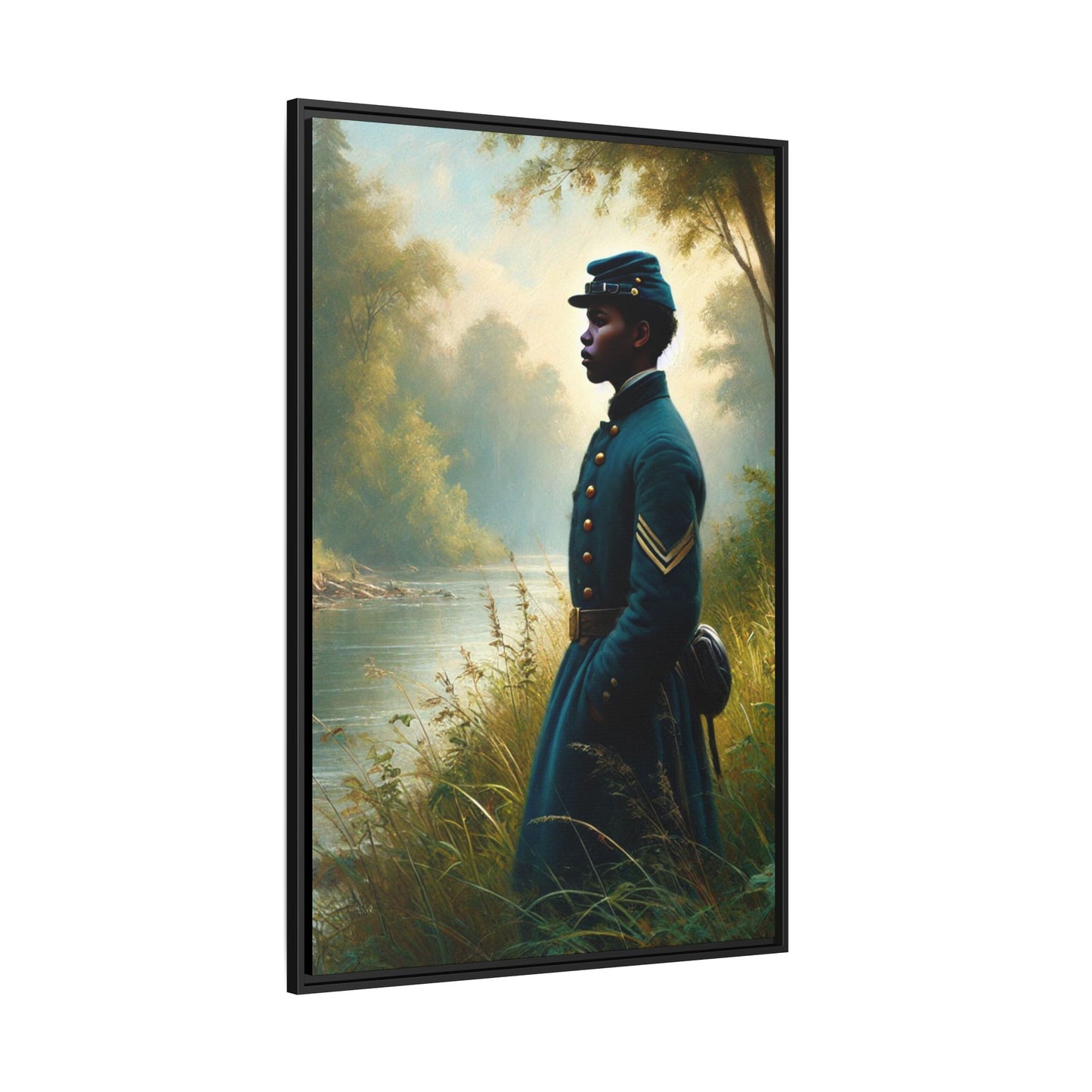 Portrait of an African American Union soldier standing solemnly by a riverside, inspired by Walt Whitman’s Leaves of Grass and Drum-Taps, honoring sacrifice, resilience, and history. Grant Wood Inspired