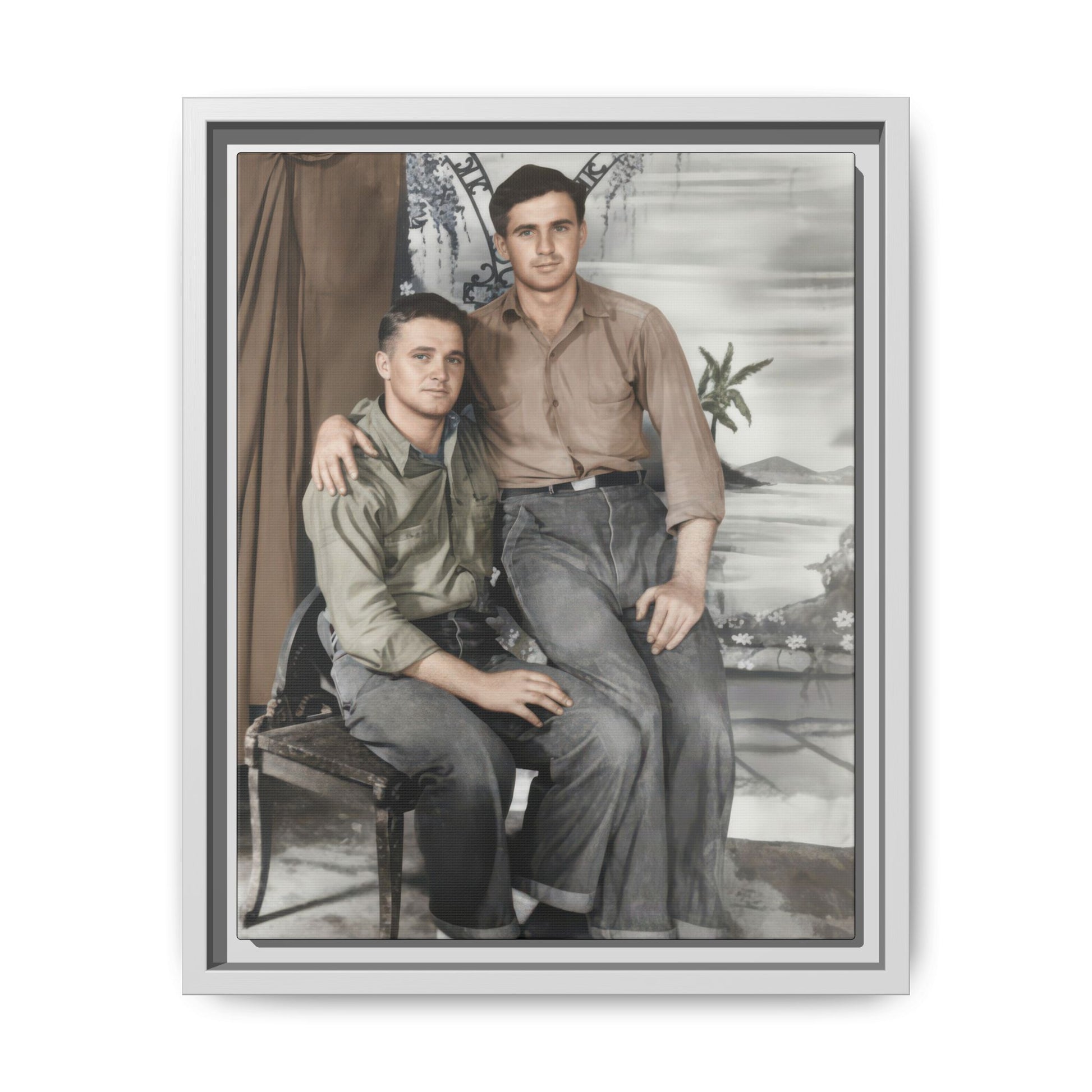 Mid-century paired portrait of two men in collared shirts and cuffed trousers against a decorative scenic backdrop