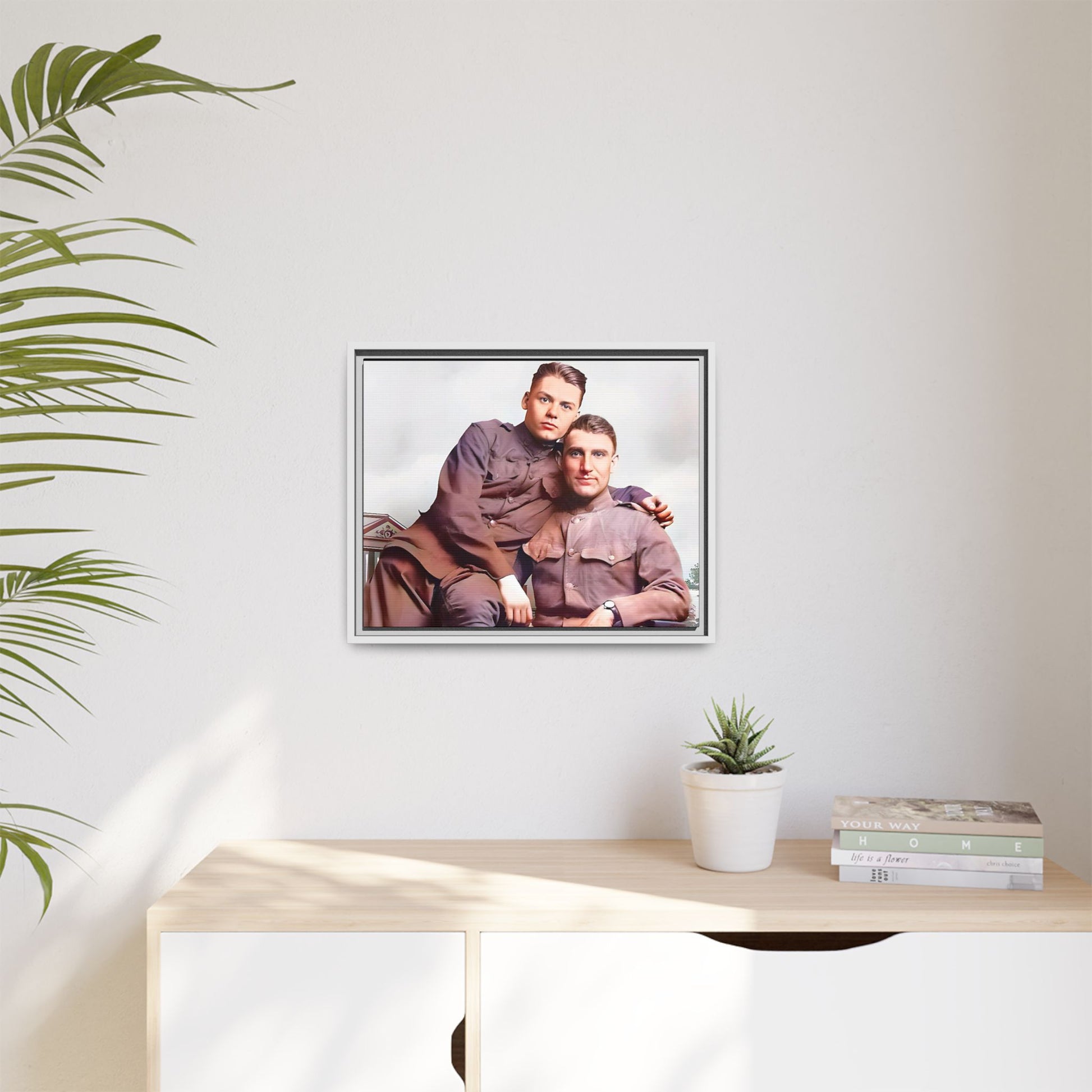 A restored WWII-era portrait of Charlie & Gordon at Debach Airfield, UK. This framed matte canvas captures military camaraderie, resilience, and historical connection, making it a timeless tribute for vintage and aviation collectors. Gay Couple