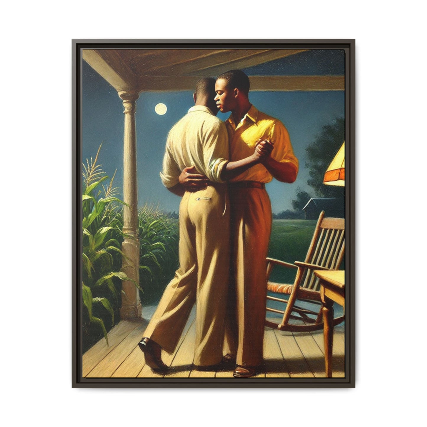 Artwork of an African-American gay couple dancing on a porch under the moonlight, inspired by Grant Wood’s style.