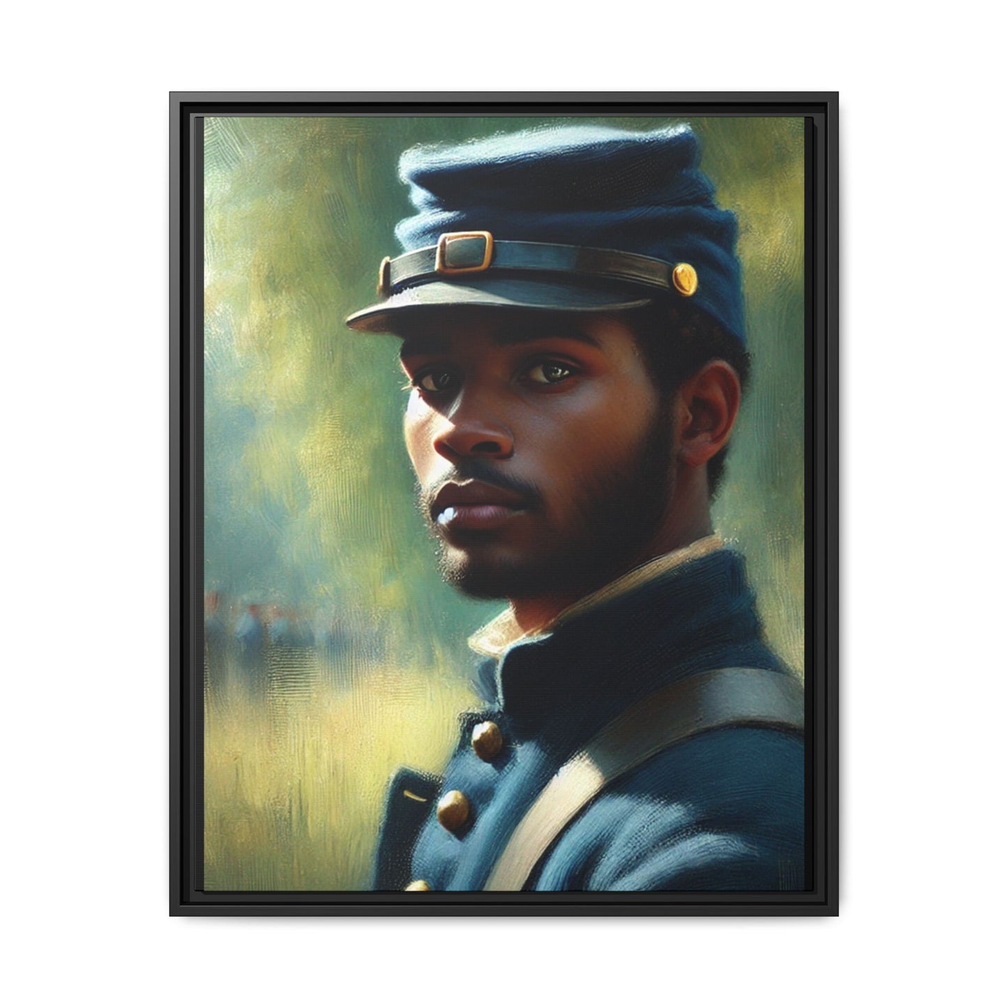 Portrait of an African American Civil War Union soldier in a kepi and navy wool coat, inspired by Walt Whitman’s Drum-Taps, honoring bravery, sacrifice, and resilience.