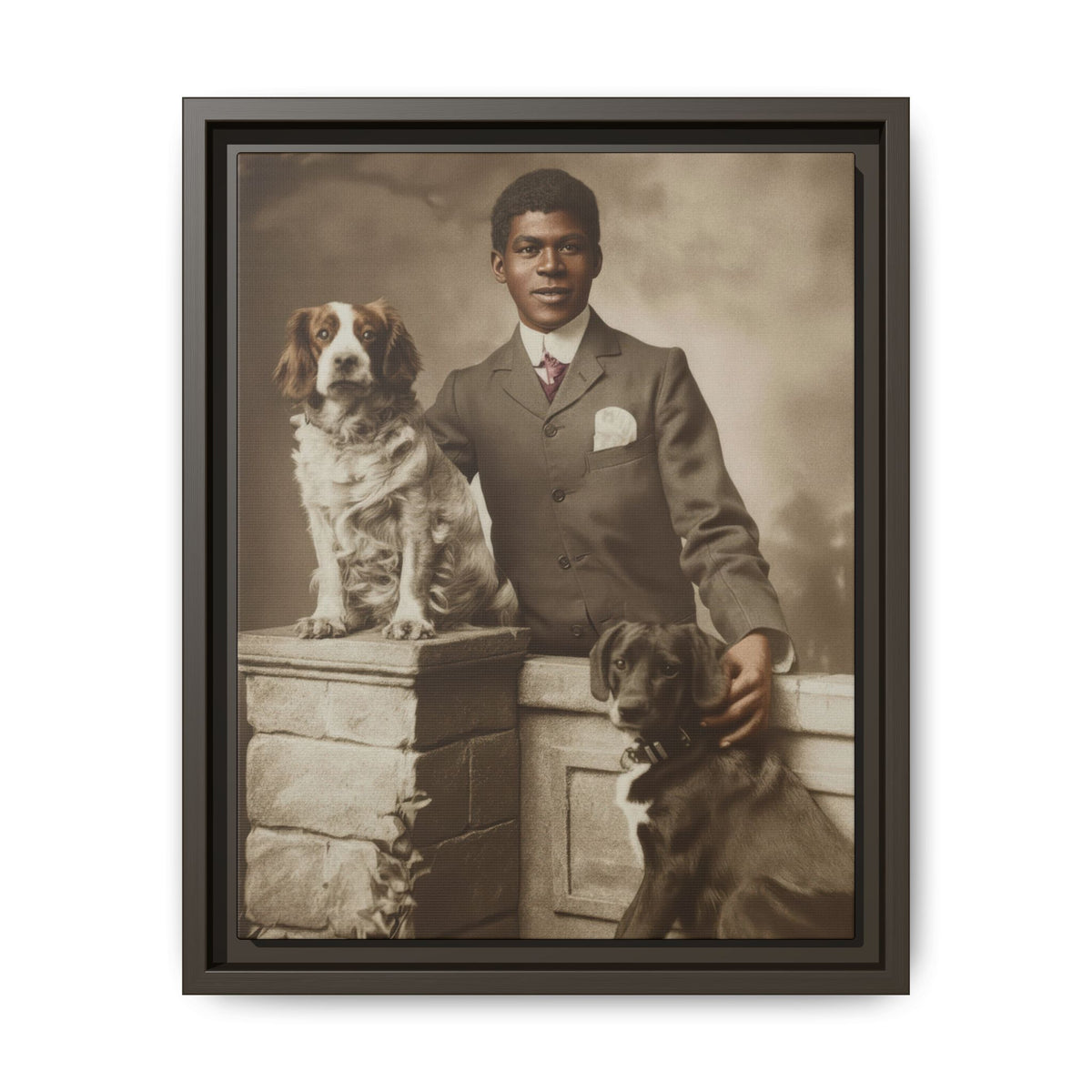 Black man wearing a buttoned jacket and high pale collar, with a lighter dog on a pedestal and a darker dog beside his hand.
